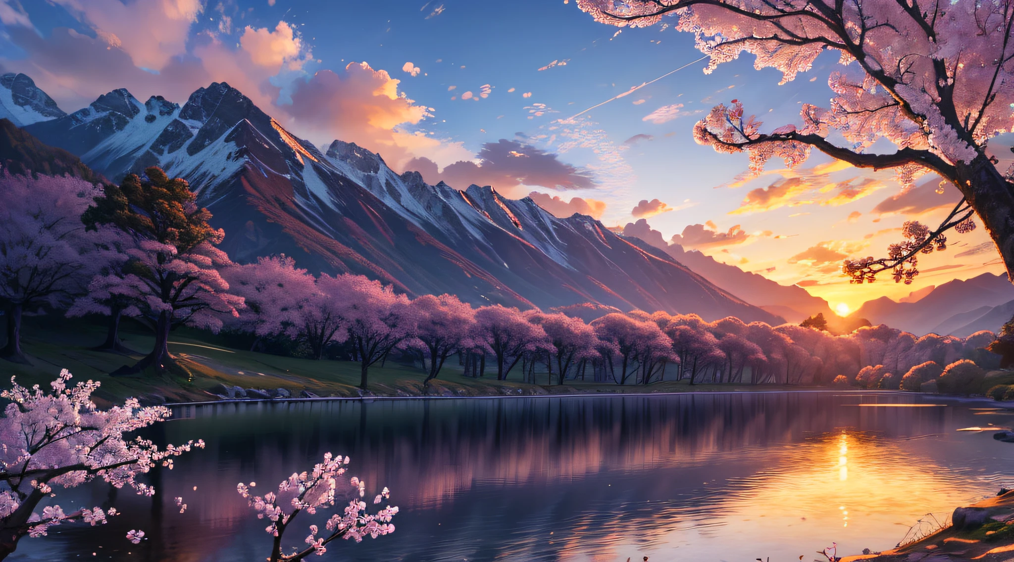 (masterpiece, best quality:1.2), ultra detailed, cinematic lighting, HDR, ilustration, landsape, sunrise, cherry blossom, impressive, chill, inspirational,
