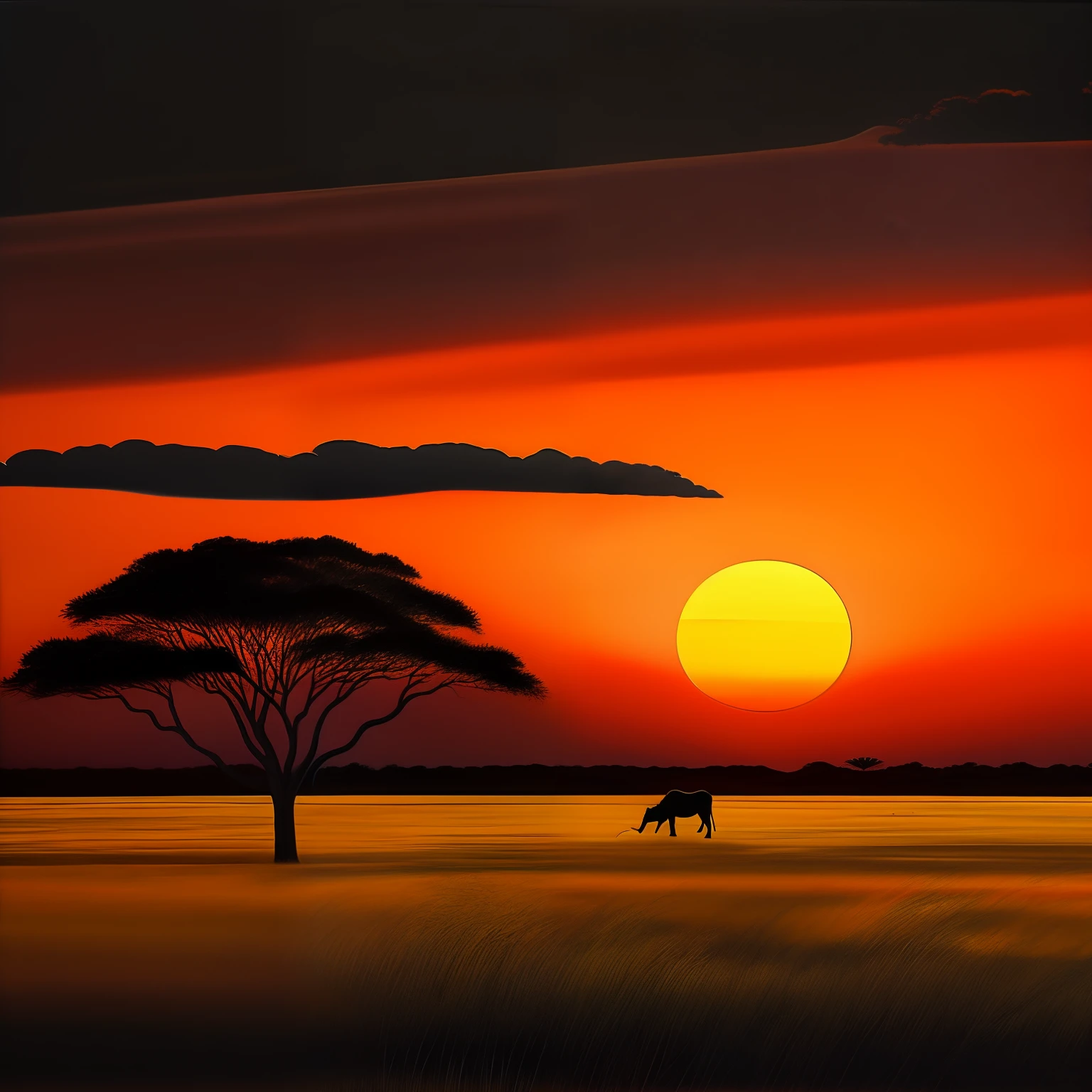 Detailed safari sunset on black background by Martin Johnson Hyde, art stations