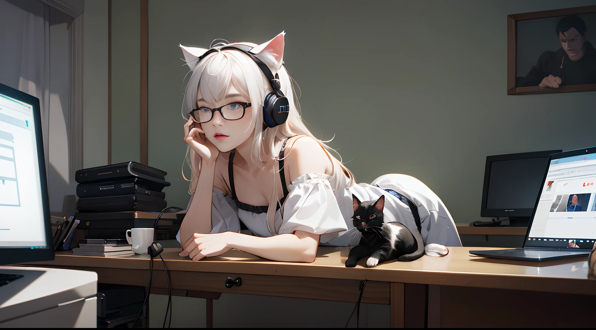 (absurderes,A high resolution,ultra - detailed),a matural female,Older age,Delicate eyes and delicate face,Extremely detailed Cg Unity 8K wallpaper,Complicated details,Inside the bedroom,Cat ears,Chinese girls,Wearing glasses,Royal Sister,Very temperamental,At the computer desk,One guy,with headphones on