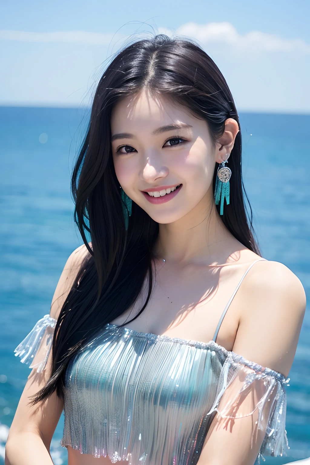 (extra detailed body、extra detailed face、best qualtiy:1.2)、femele、looking at the viewers、(Hair dyed iridescent、sixteen years old、a smile、Earrings on bird feathers up to the shoulders、See-through tops、A smile)、(ocean in background:1.4)