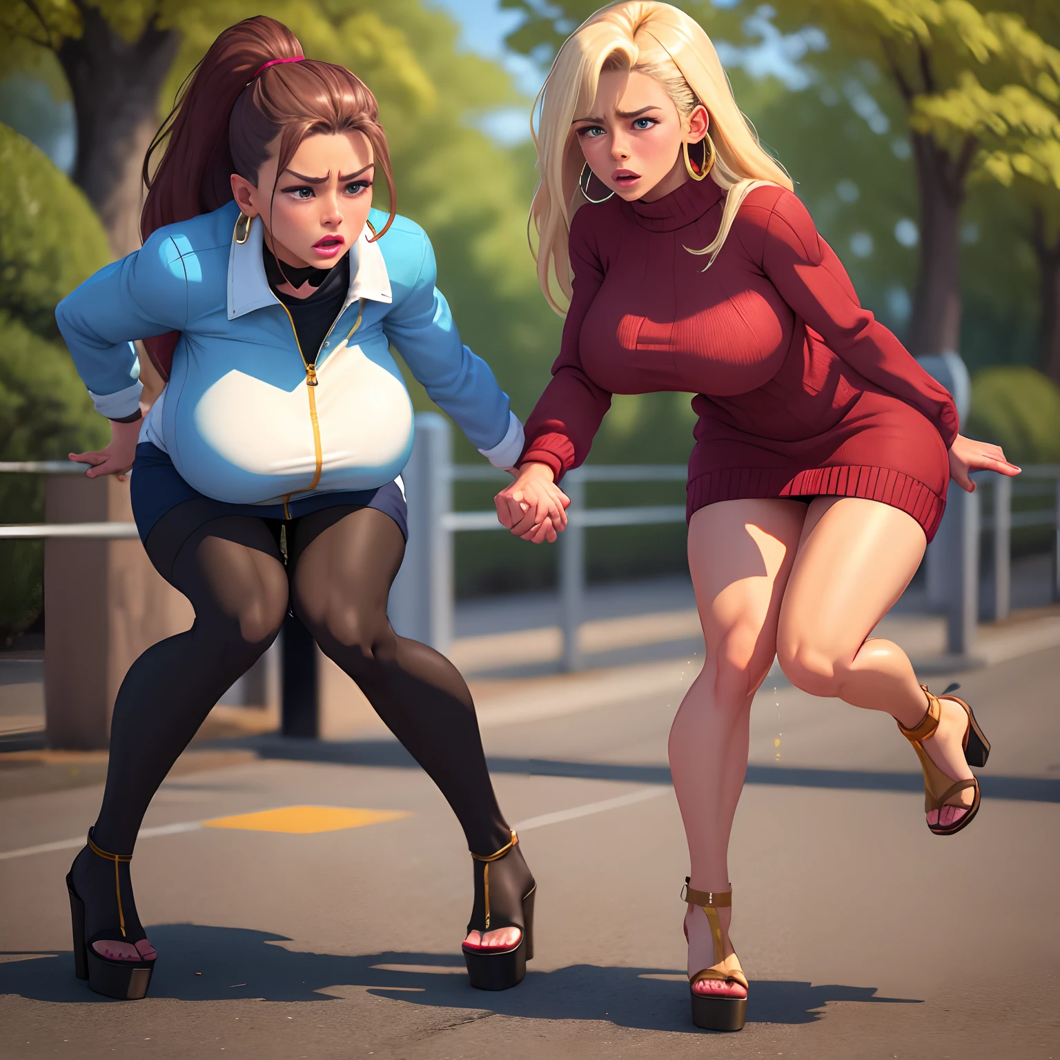 tanned Brazilian woman, dark-skinned girl, Two girlfriends, muscular legs, muscular calves, Strong legs, muscular hips, wide thighs, Curvy hips, high-heeled sandals, tights in a net, mid-thigh boots, short jumper dress, leather jacket, large ring earrings, He really wants to pee, running through the park, Leg by foot, wants to pee, desperately wants to pee, wants to urinate, An expression of shame on his face, confusion, crying, He pinches the crotch with his hand, Palm on stomach, crumples the hem of the skirt with his hands, Knees clenched, Hips clenched, Tense posture, bites his lower lip, full bladder, terribly wants to go to the toilet, anatomically correct, Realistic,