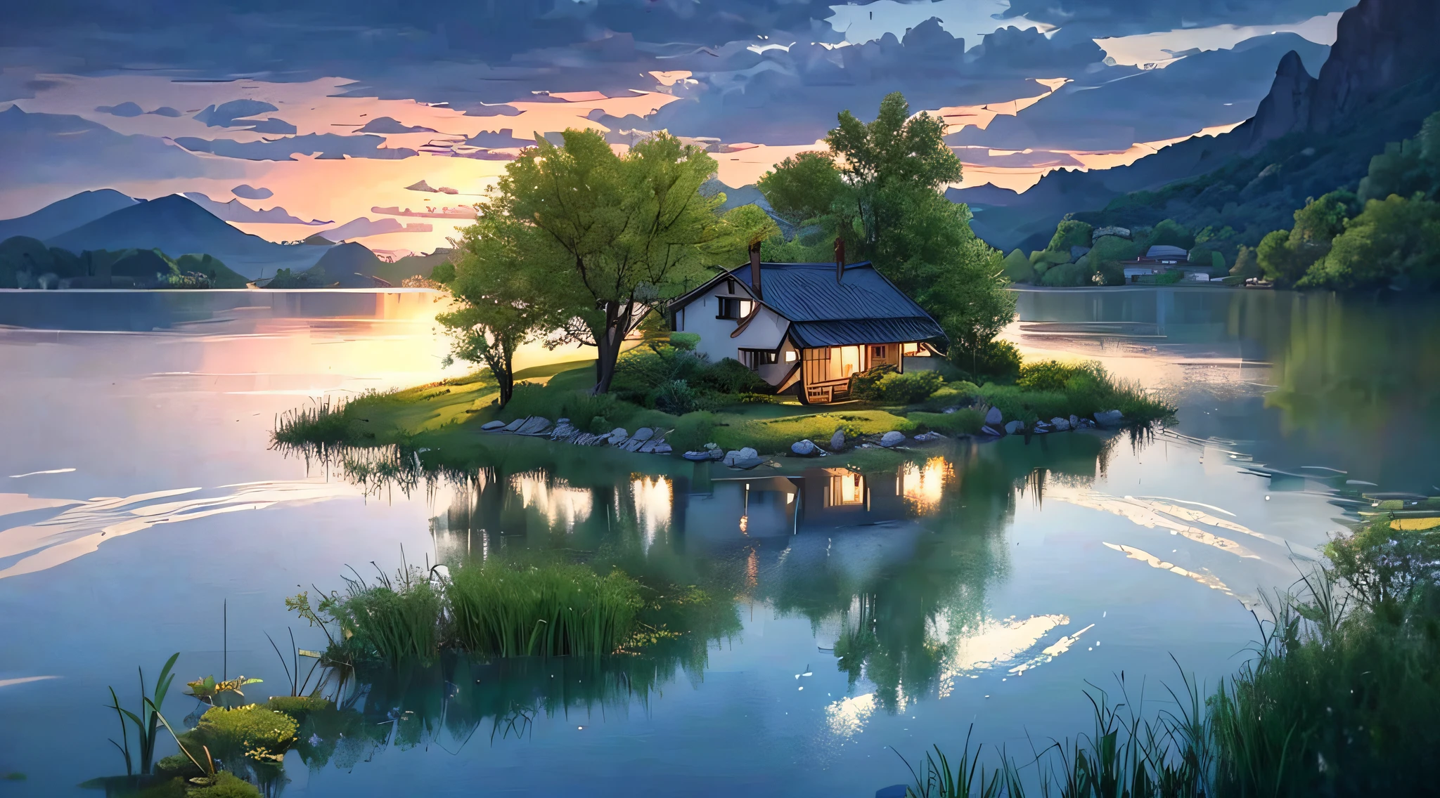 there is a small house on a small island in the middle of a lake, beautifully lit landscape, peaceful landscape, serene landscape, beautiful serene landscape, amazing landscape, in a serene landscape, an amazing landscape image, dreamy landscape, beautiful lake, beautiful landscape, stunning landscape, setting in nature, beautiful lake background, perfect landscape, stunning light reflections, beautiful dreamy landscape