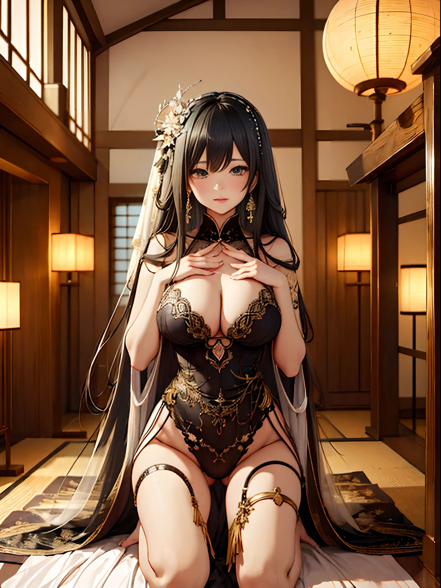 （Enrich the picture，Masterpiece level quality）Beautiful 8K CG artwork，Goddess-like posture，Kneeling exercise，Slim and soft，Translucent skin，Black hair、The beauty of extra-long hair, Super Long Straight Hair，The skin is fair and juicy，Underwear uniforms，Perspective Part 1.2x enhanced silhouette effect，Exquisite transparent blues pattern in pajamas，The details are intricate and exquisite，The background is slightly blurred，Charming and lustful leg seduction，Drool，Extra-large big breasts，Blush，Japan goddess，Perfect body slim curves，Green eyes，