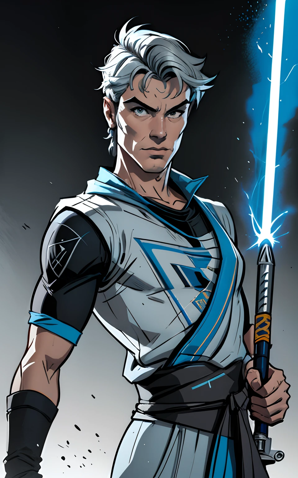 obra-prima, melhor qualidade, altamente detalhado, colorido, de cima, solo, realista, homem Jedi cinzento usando seu sabre de luz verde, StarWars,desenhado pelo desenhista Alex ross
