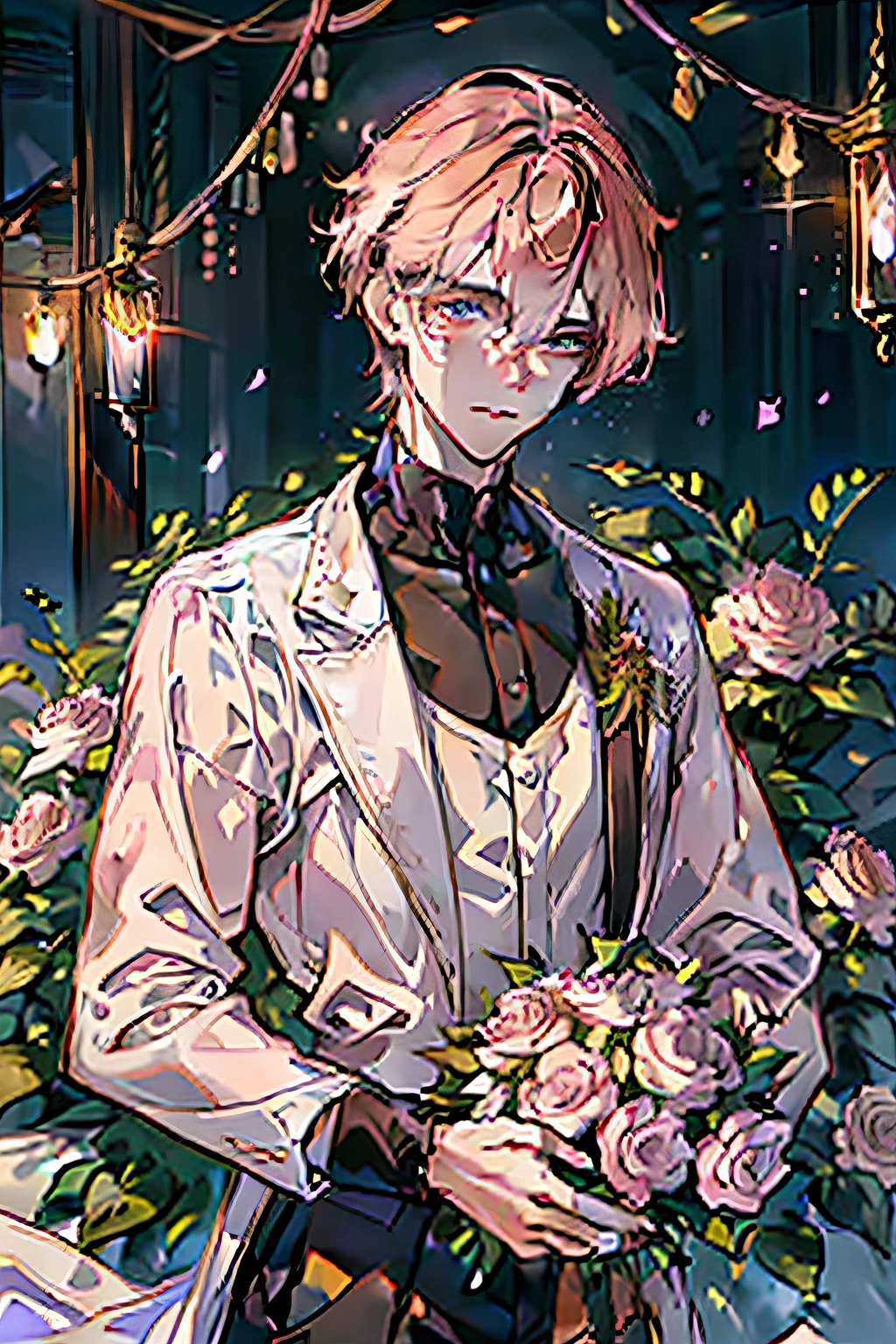 Highest image quality！adult man，Holding a bouquet，The flowers are purple，Watercolor beauty，A handsome and gentle man，Beautiful eyes and delicate facial features，Charming temperament，Stirring！light pink colored hair，Light pink eyes，Handsome and exquisite，Cold white skin，florals，shoulder width。sedate，a sense of atmosphere，flower bouquet