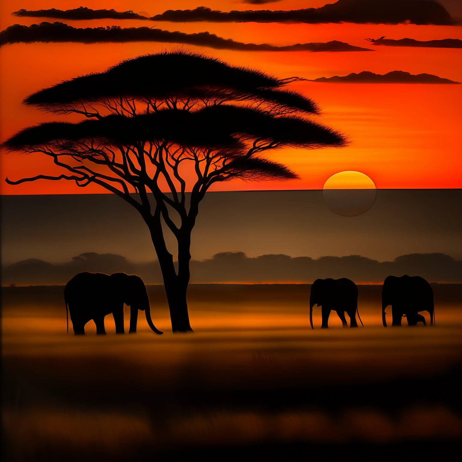 Detailed safari sunset on black background by Martin Johnson Hyde, art stations