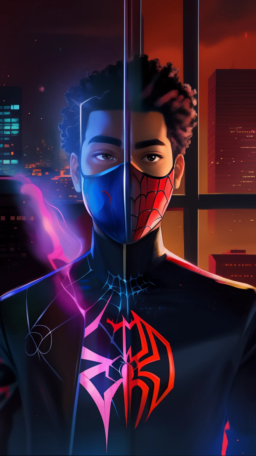 A closeup of a person in a suit with a spider mask - man, no aranhaverso, no aranhaverso, Miles Morales, Donald Glover como Miles Morales, aranhaverso, Miles Morales!!!, spider - estilo de arte verso, um ciborgue negro adolescente, vibrant fan art, love death and robots, HQ 4K papel de parede do telefone, Estilo futurista Homem-Aranha