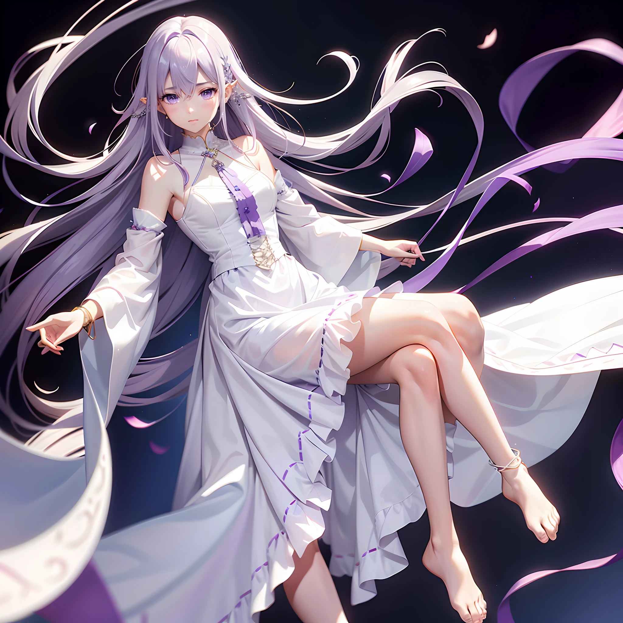 flowing purple hair，Women's period costume，Hydrated eyes，Barefoot，gentleness，Streamers，eardrop，a white long skirt，Slender limbs，Silver bracelet