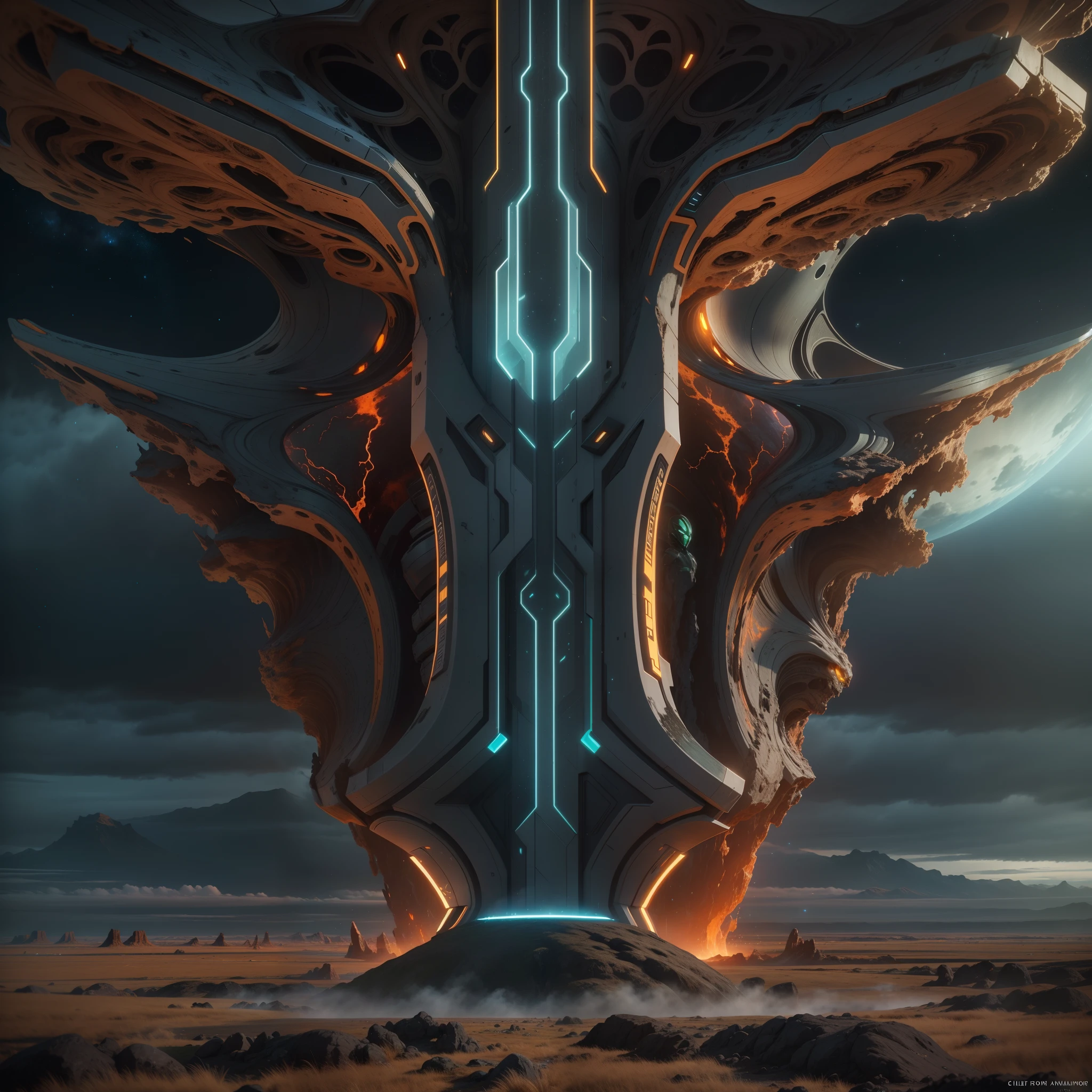 Alien monument floating on the plains of Iceland. Epic form scifi, symmetric, alienigena, extra terrestre, o estilo Ridley Scott, chuva acida, vulkan, magma, verde, neon, 50mm, Ultra Definition, ray tracing, unreal engine 5