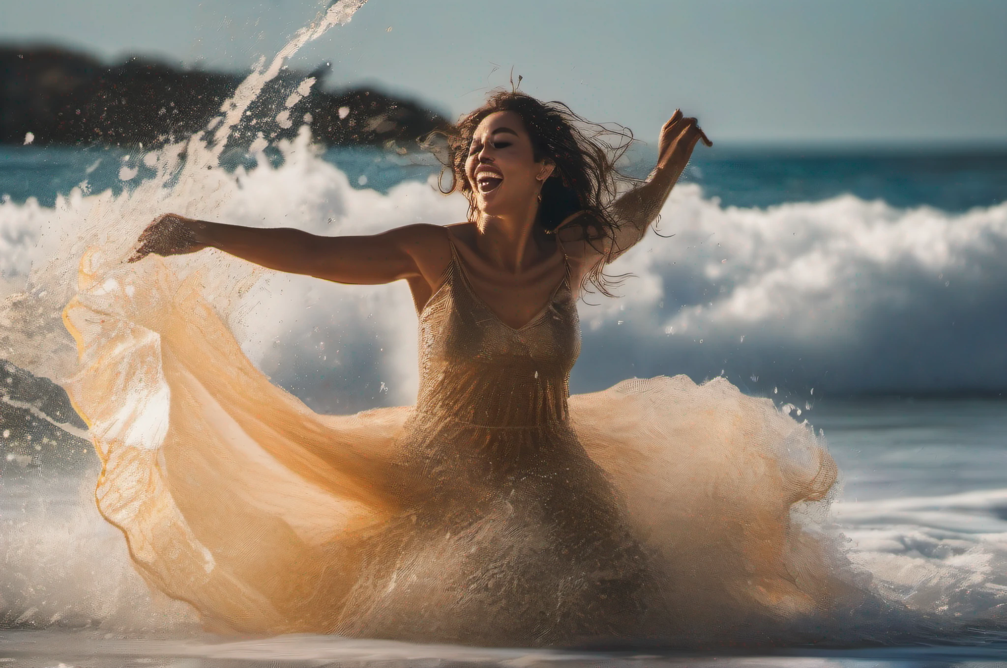 «An ultra-detailed photograph of a woman dancing joyfully in the ocean, arms outstretched, full body in motion. Crystal clear ocean water splashing around her. Shot with a Sony Alpha a9 II camera and 200-600mm G telephoto lens using natural light. Hyper-realistic image quality, perfect focus and motion blur, vivid colors. Framed in a 3:2 horizontal composition at 750px size.»