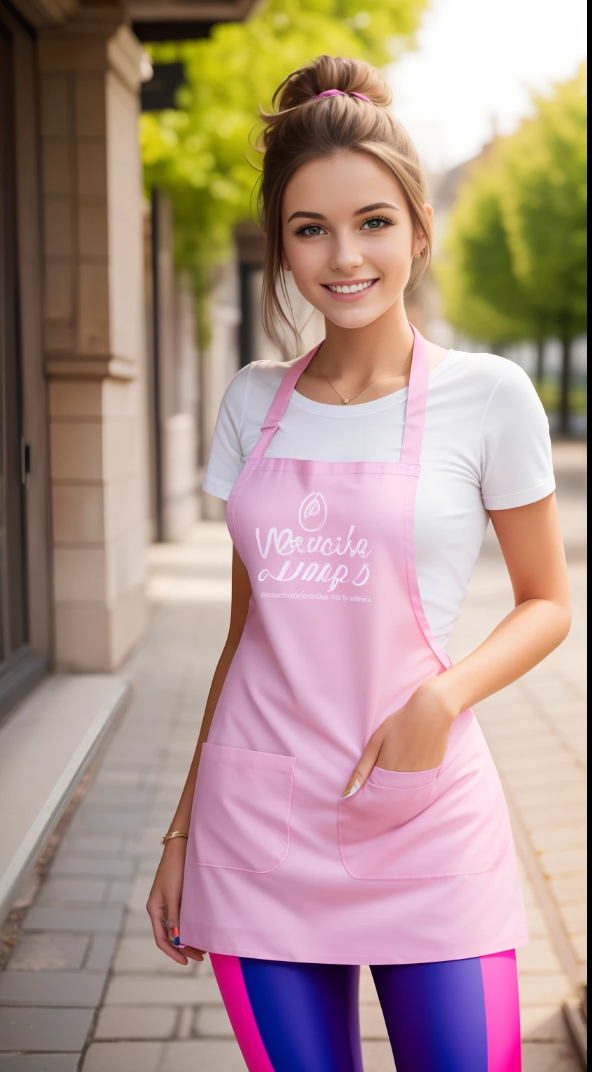 French woman, 22 years old, smiling, wearing colourful leggings and Tshirt, pink plastic apron, sunny day