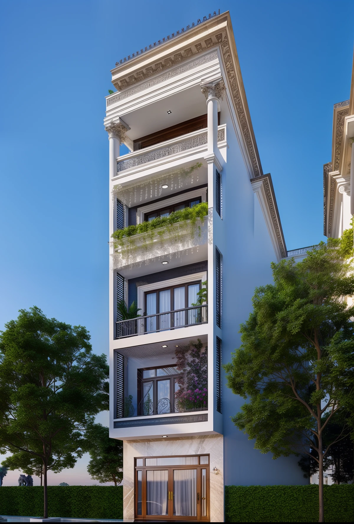 Neoclassical house design, elegant columns, grand entrance, symmetrical layout, refined details, intricate moldings, high ceilings, ornate chandeliers, marble floors, luxurious furnishings, classical art, expansive gardens, manicured hedges, serene water features, timeless beauty.