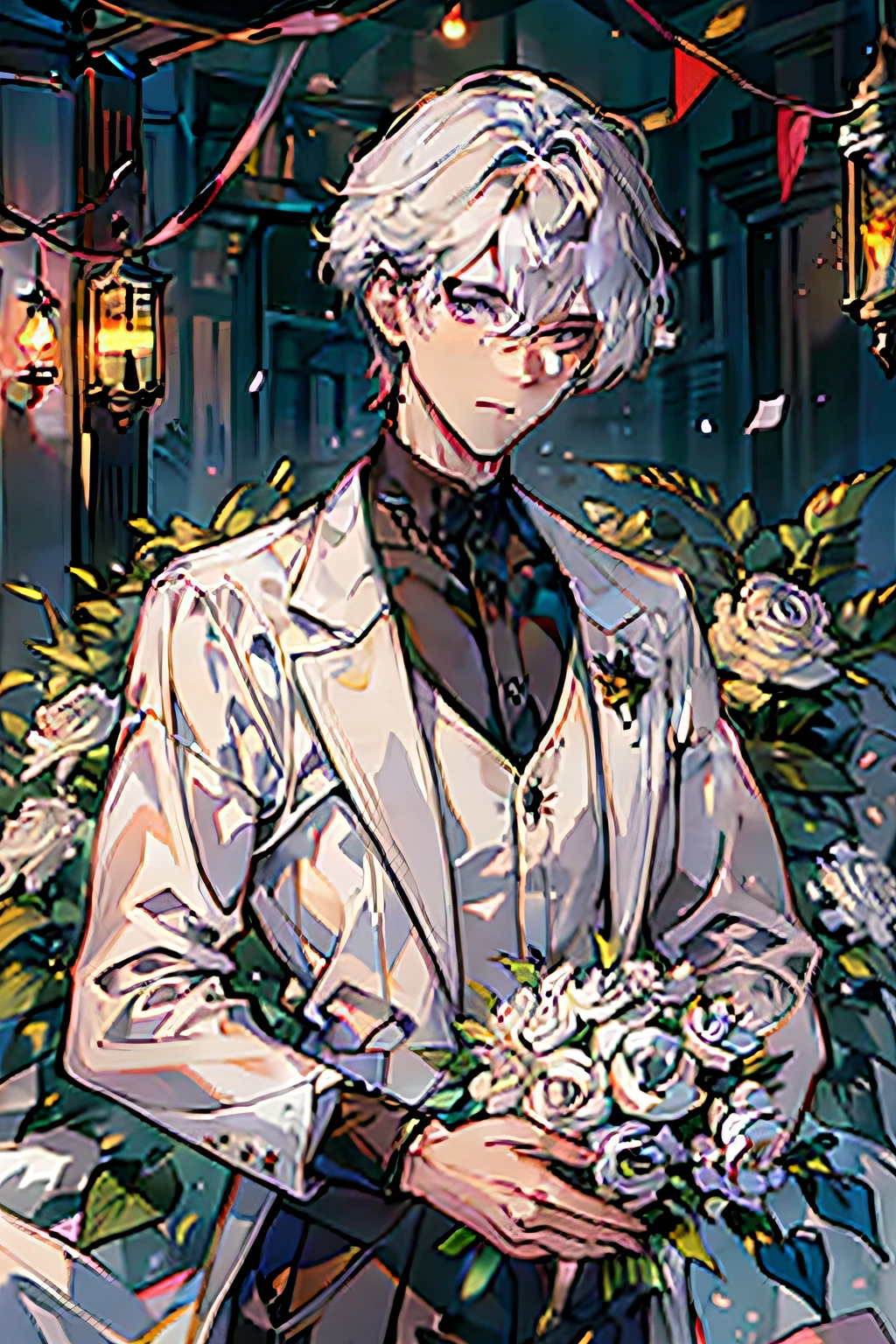 Highest image quality!adult man,Holding a bouquet,The flowers are purple,Watercolor beauty,A handsome and gentle man,beautidful eyes,exquisite facial features,Charming temperament,Stirring!prinz,Business suit,Handsome and exquisite,Cold white skin,florals,shoulder width。sedate,a sense of atmosphere,flower bouquet