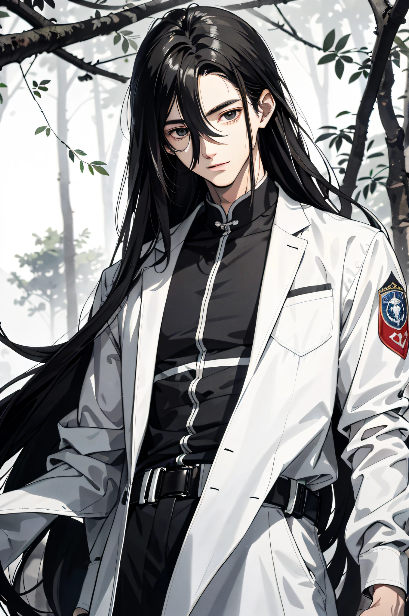 Absurd, High definition, Super detailed, Texture details, clear presentation, HD details, detail performance, Fine details, Clear face, Fix accurately, ((cabelos preto e longos))、long whitr hair、18-year-old man, Handsome, Tall,Soft smile、Slightly muscular,(Clear eyeballs), (1 person: 1.3), handpainted, Simple lines, (An 18-year-old man wearing a white Chinese suit), foggy forest、The upper part of the body,(Exocet suit 1.2)