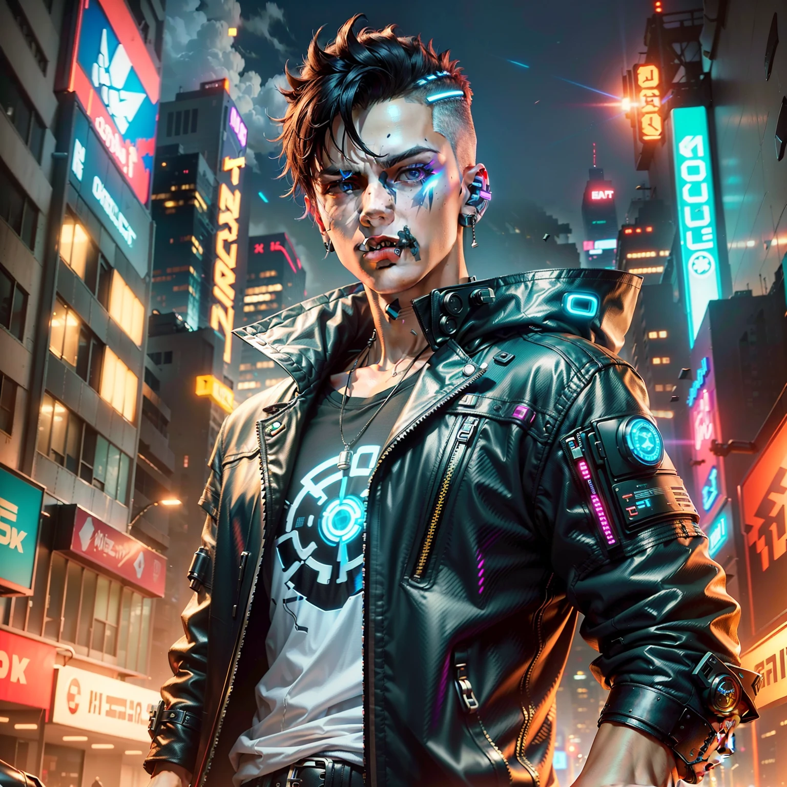 Create an teen boy cyberpunk style, futuristic background, short hair, futuristic clothes, (best quality), ((1:1 resolution), (face centered in the center of the image), avatar photo only, (head + shoulders), 8k resolution, realistic photo, neon lights, (technology elements), (film grain).