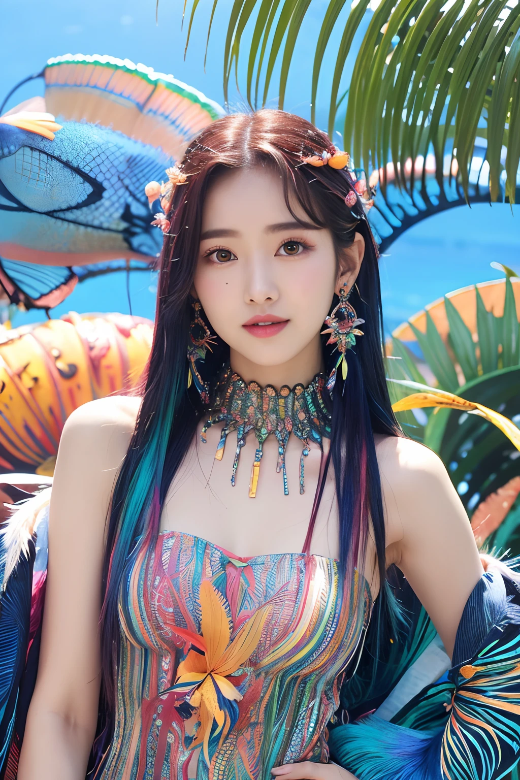 (extra detailed body、extra detailed face、best qualtiy:1.2)、femele、looking at the viewers、(Colorful hair dyed in iridescent colors、、a smile、Earrings on bird feathers up to the shoulders、See-through tops)、(Chaos with flying tropical fish in the background:1.4)high fashion