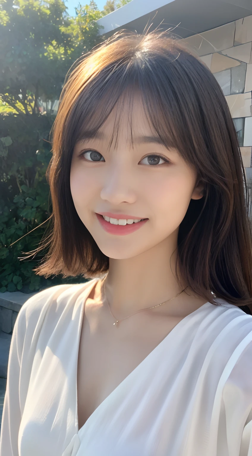 ((Best Quality, 8K, masutepiece: 1.3)), , Focus: 1.2, Perfect Body Beauty: 1.4, (Layered Haircut: 1.2)), (Dark Street: 1.3), Highly detailed face and skin texture, Fine eyes, Double eyelids, Whitened skin, long curly hair, (Round face: 1.5), (White Banoleau Dress: 1.6). Smile next to the waterfall, Light bangs, Indoor background,