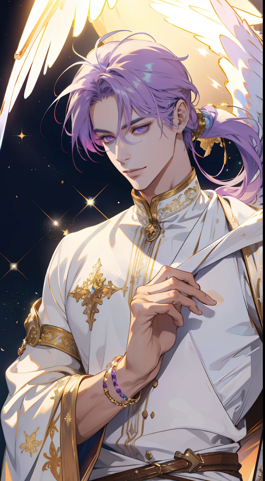 (absurdres, highres, ultra detailed, HDR), 1 male, MALE ONLY, adult, handsome, tall muscular guy, broad shoulders, finely detailed eyes and detailed face, purple pastel color long hair, high ponytail, fantasy, complex pattern, detailed face, big angel wings, lens flare, colorful, glow white particles, white robe, gold bracelets and accessories, prism, glowing, glitter, particles, bloom, likes to celebrate and have fun, enjoys nature, bright and optimistic outlook, creative and adventurous spirit, represents happiness and harmony