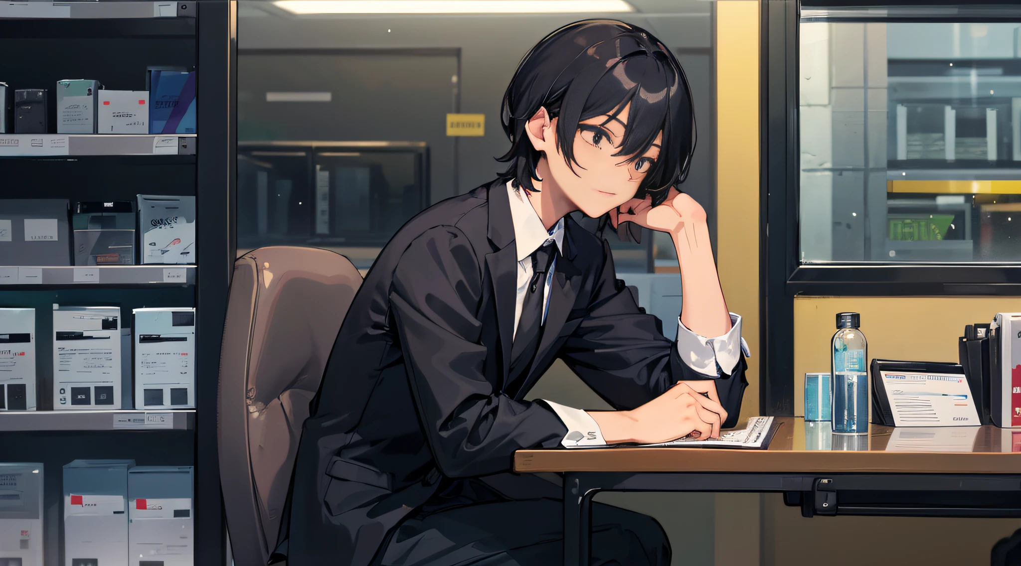 1 boy，Black color hair，Business suit，Sit at a shabby table in the pharmacy，Thinking with his head down