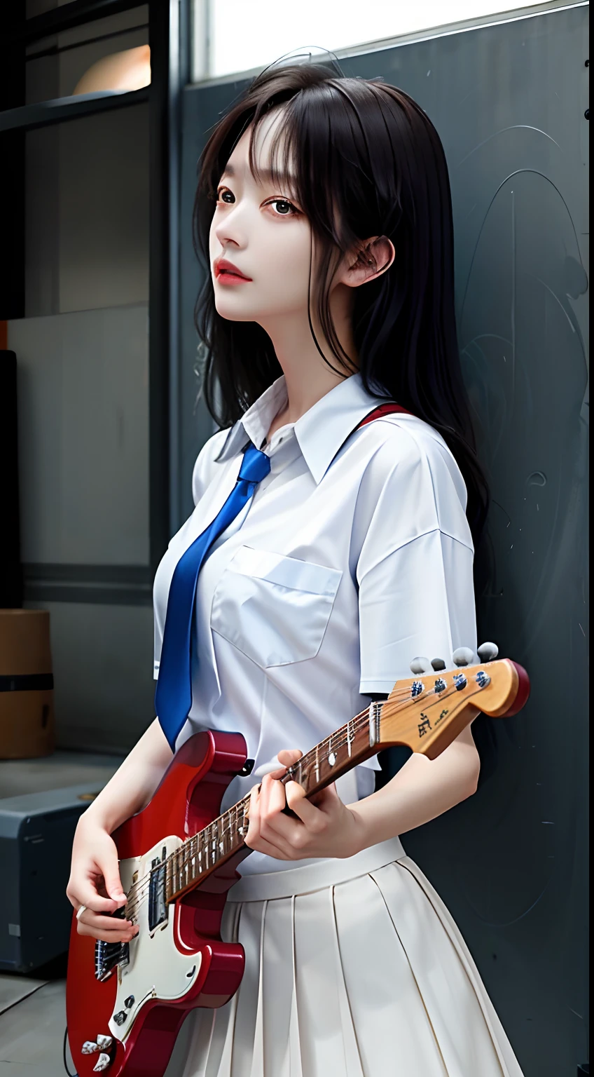 top-quality, masterpiece, 1girl in, beautiful countenance, (photographrealistic:1.3), Dark hair、plays the electric guitar、white shirt、neck tie、pleatedskirt