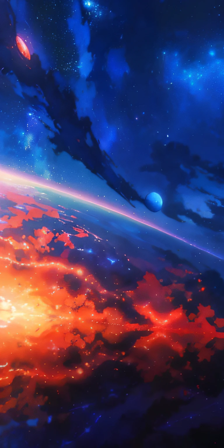 Animated scene of a planet with stars in the sky, cosmic sky. by makoto shinkai, endless cosmos in the background, Beautiful space, makoto shinkai cyril rolando, a beautiful artwork illustration, 4K highly detailed digital art, heaven planet in background, anime art wallpaper 4k, anime art wallpaper 4k, amazing wallpapers, Fantasy space,hasten、The universe is changing,The color gradually turns blue、Image of peace