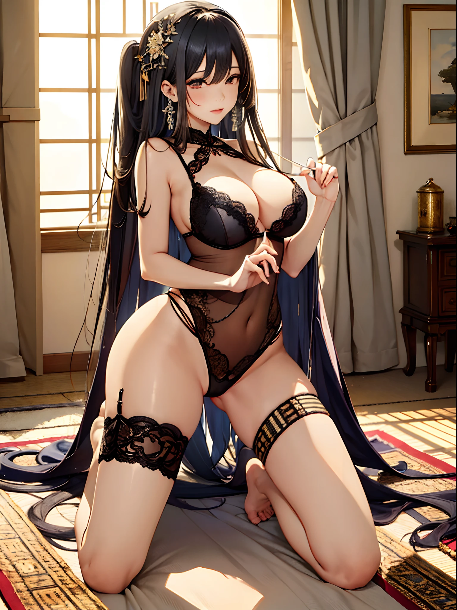 (Enrich the picture,Masterpiece level quality)Beautiful 8K CG artwork,Goddess-like posture,Kneeling exercise,Slim and soft,Translucent skin,Black hair、The beauty of extra-long hair, Super Long Straight Hair,The skin is fair and juicy,Underwear uniforms,Perspective Part 1.2x enhanced silhouette effect,Exquisite transparent blues pattern in pajamas,The details are intricate and exquisite,The background is slightly blurred,Charming and lustful leg seduction,Drool,Extra-large big breasts,Blush,Japan goddess,Perfect body slim curves,