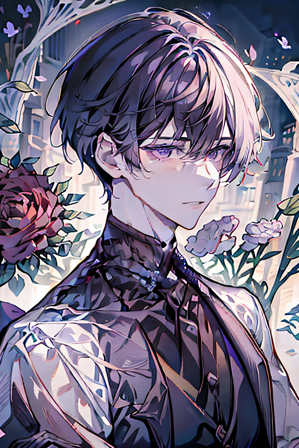 adult man，Holding a bouquet，The flowers are purple，Watercolor beauty，A handsome and gentle man，beautidful eyes，exquisite facial features，Charming temperament，Stirring！prinz，Business suit，Handsome and exquisite，Cold white skin，florals，shoulder width。sedate，a sense of atmosphere，flower bouquet