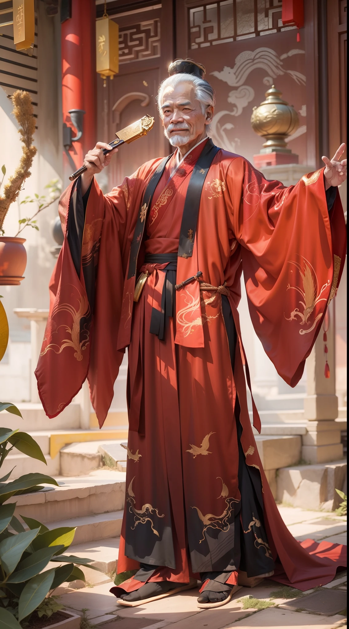 An old man man dressed in red Hanfu，Holding a gold ingot，ssmile，kind，A half body，kaftan，Wishing you prosperity，jubilation，China-style