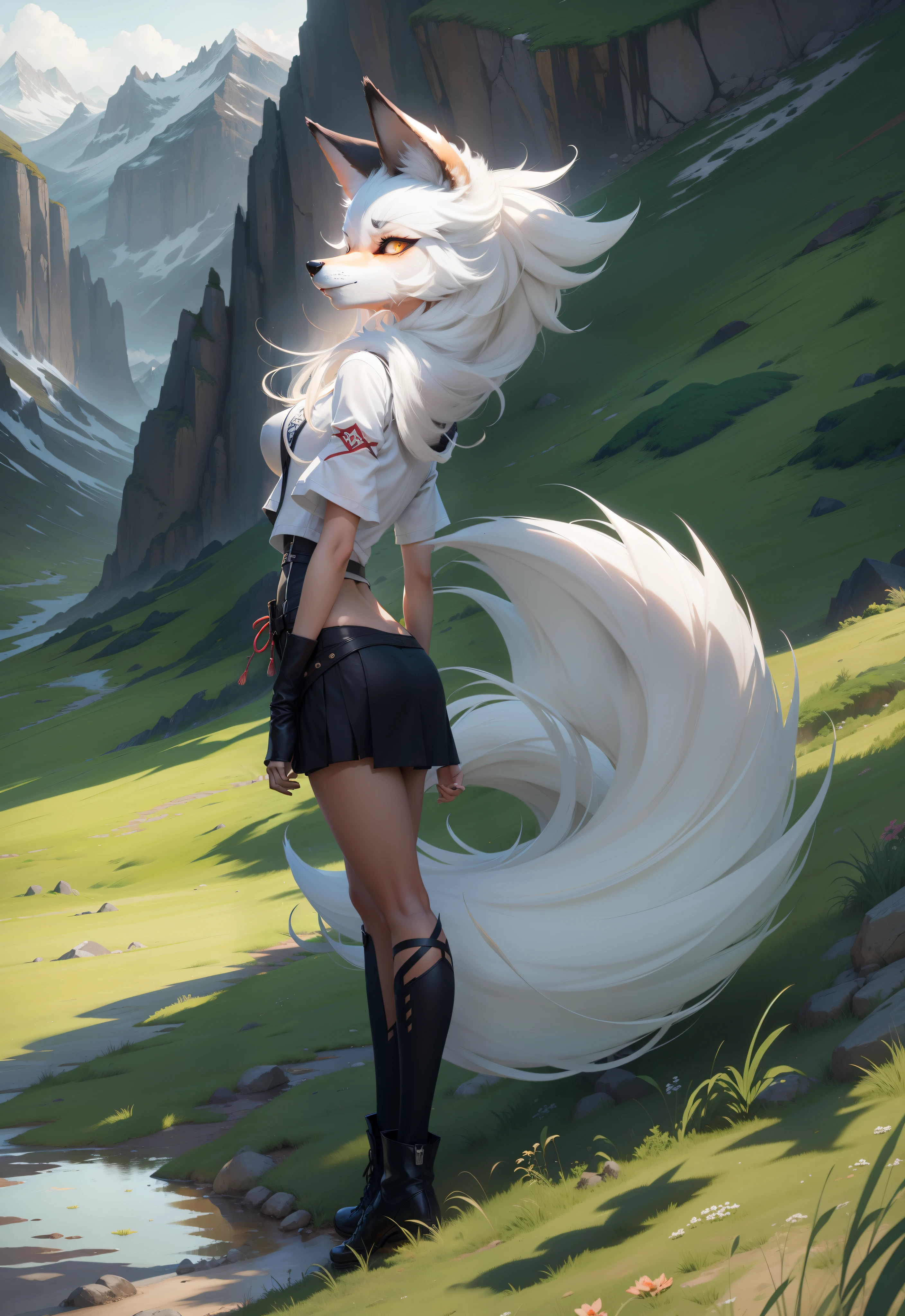 Shadow Fox,Girl Sexy Body, furry tail , in full height , Background of the mountain with grass