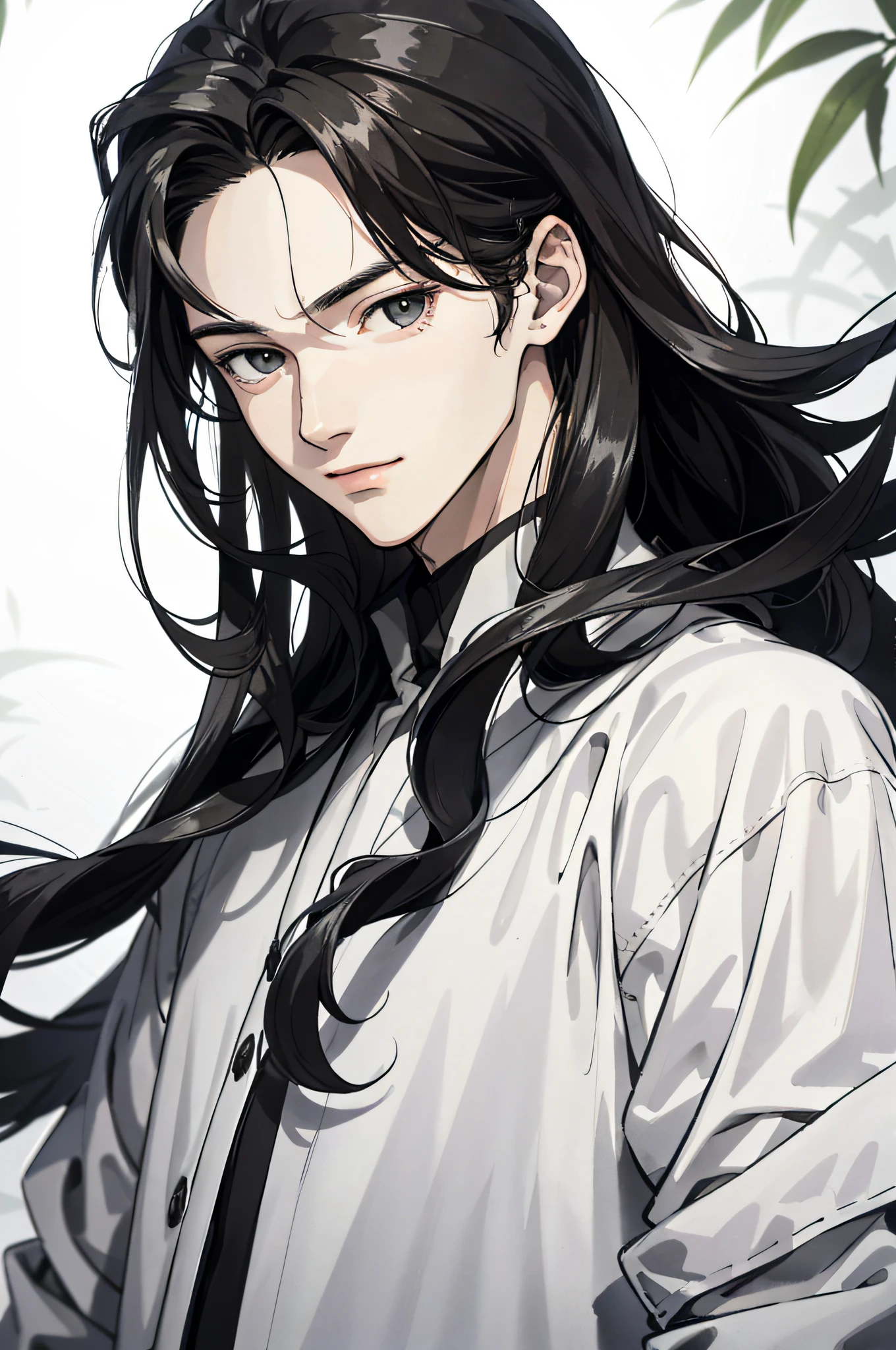 Absurd, High definition, Super detailed, Texture details, clear presentation, HD details, detail performance, Fine details, Clear face, Fix accurately, ((cabelos preto e longos))、long whitr hair、18-year-old man, Handsome, Tall,Soft smile、Slightly muscular,(Clear eyeballs), (1 person: 1.3), handpainted, Simple lines, (An 18-year-old man wearing a white Chinese suit), foggy forest、The upper part of the body,(Exocet suit 1.2)
