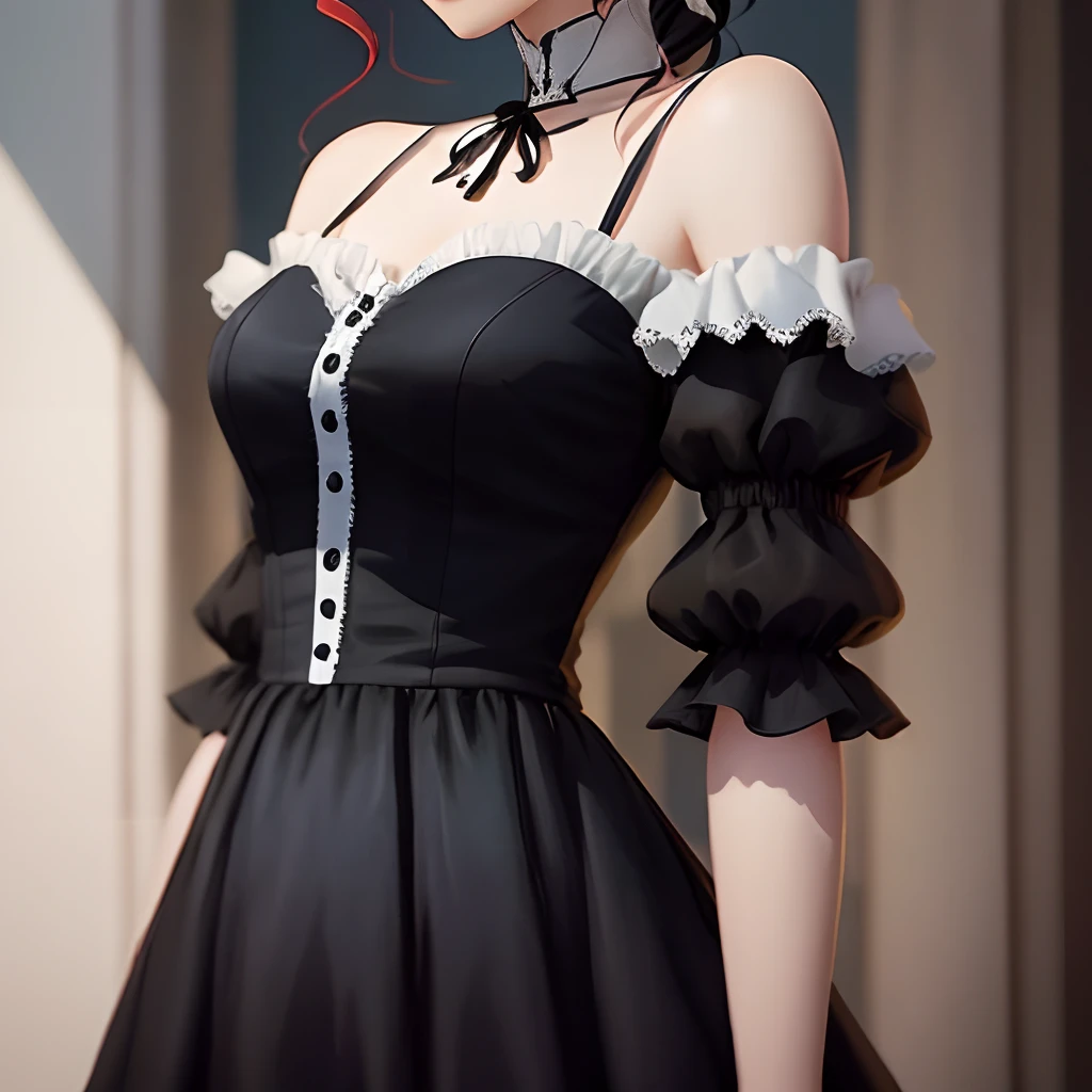 a close up of a woman in a dress with a white and black dress, gothic maiden anime girl, anime girl wearing a black dress, cute anime waifu in a nice dress, anime girl in a maid costume, an elegant gothic princess, guweiz, guweiz on pixiv artstation, guweiz on artstation pixiv, beautiful anime girl