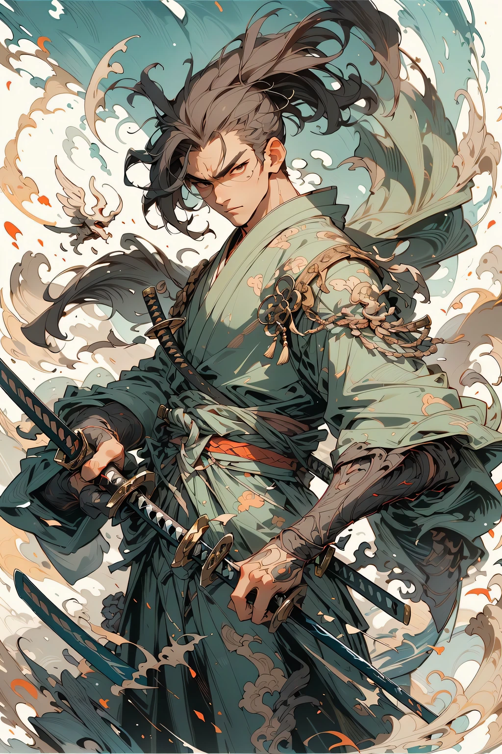 (close-up:1.1),upper body,weapon, 1boy, male focus, sword, solo, japanese clothes, holding, holding weapon, katana, holding sword, sheath, , , long sleeves, , haori, , hakama, kimono, sheathed,,
Architectural background
,,