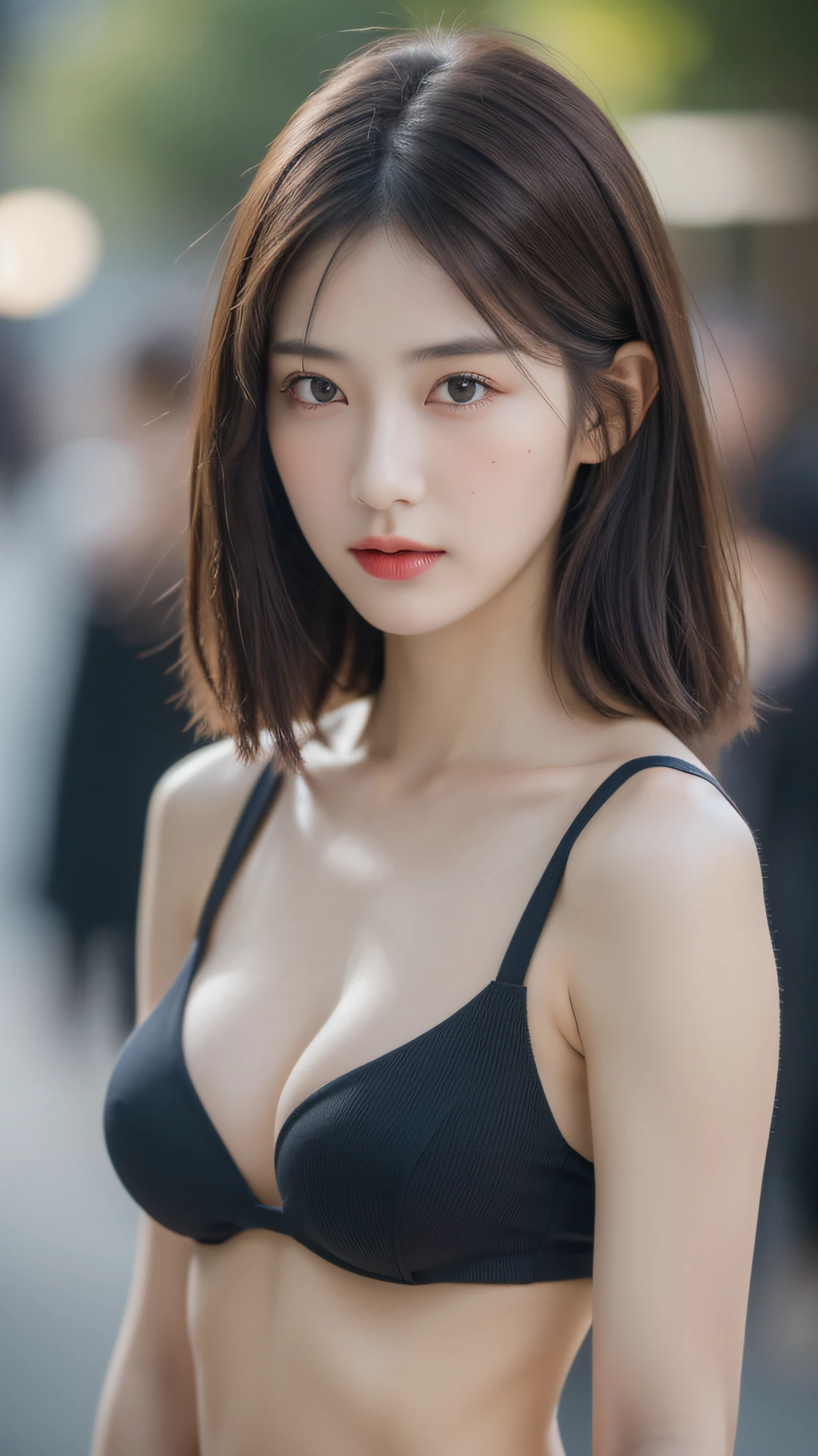 ((Best quality, 8k, Masterpiece :1.3)), Sharp focus :1.2, A pretty woman with perfect figure :1.4, Slender abs :1.2, ((Dark brown hair, Big breasts :1.2)), (Natural light, City street:1.1), Highly detailed face and skin texture, Detailed eyes, Double eyelid