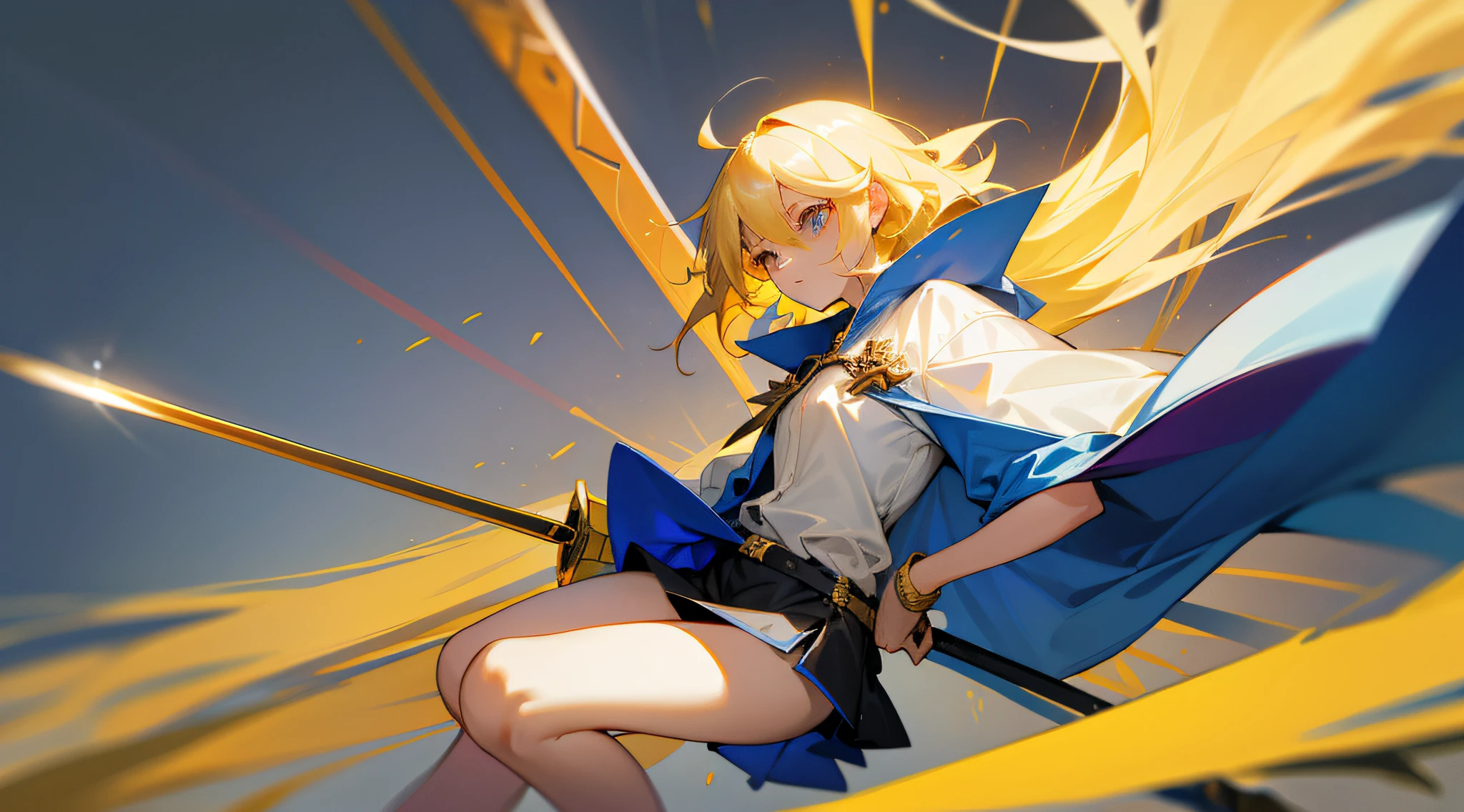 Golden pupils,high and cold,blond hairbl,Simple white shirt,Short blue cape,black short skirt,Long legs,Heavy sword in hand,One hand crosses the waist,best qualityer,Scale 16:9