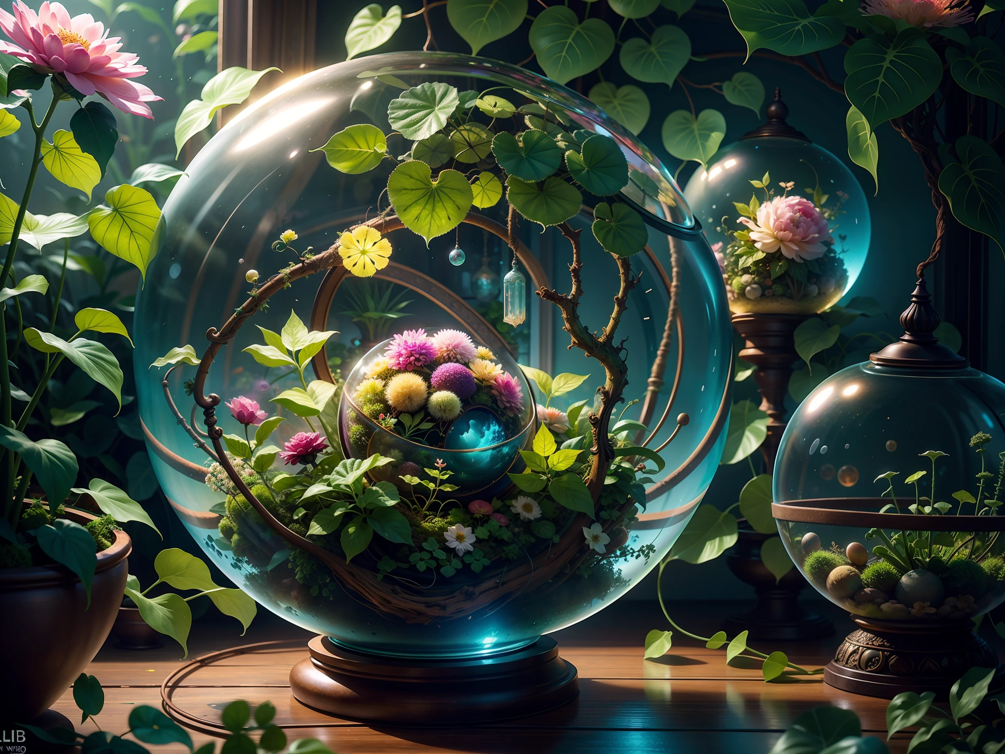 spherical Terrarium, abstract dream, flower, brushes, ivy, foliage, wild, orb, fantasy, complex, gemstone, highly detailed, intricate, elaborate, octane render, 4k HDR, colorful, fractal, black background, eco system, glowing, reflection, crepuscular rays, luminescence