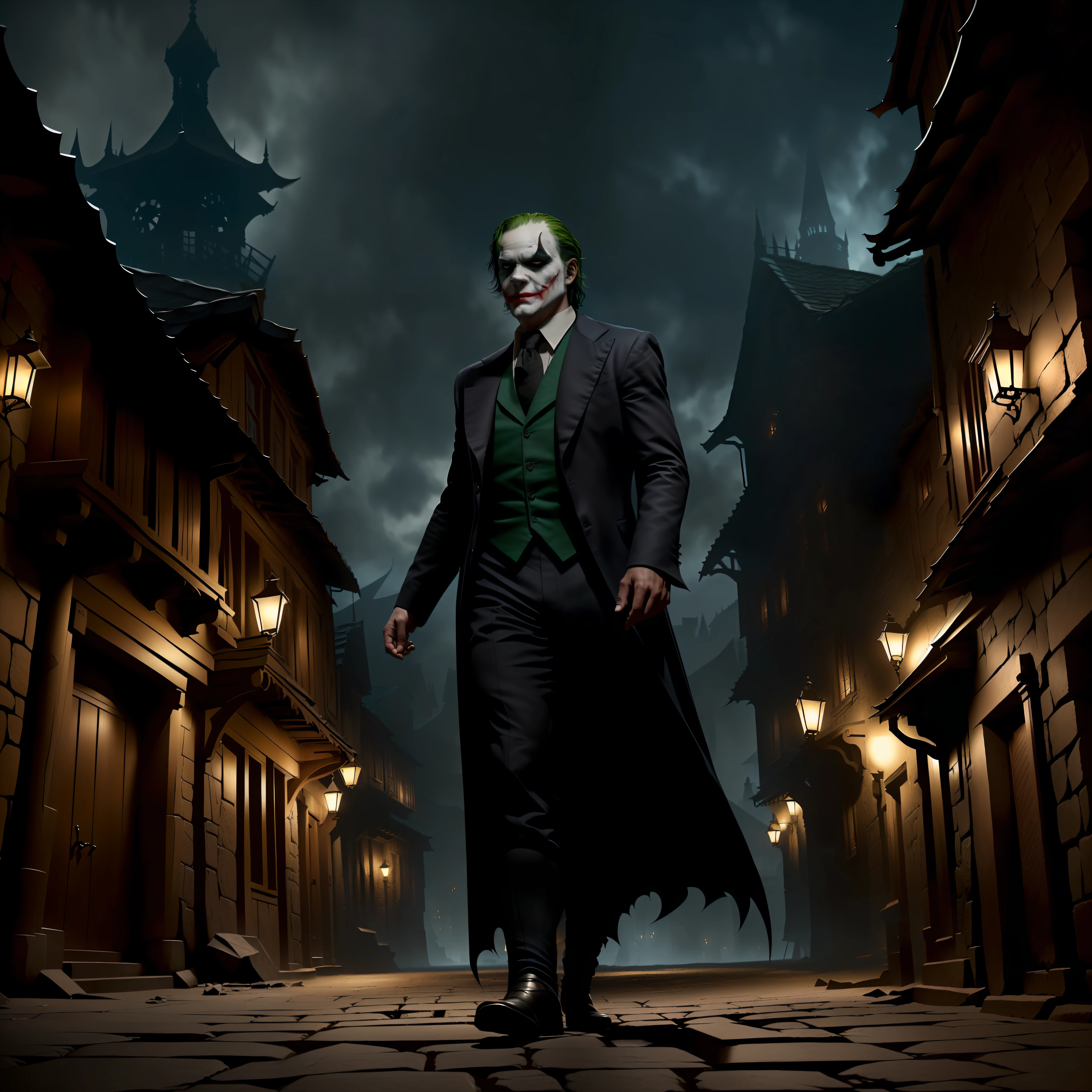 Low angle view, low angle shot, ultra detail photo of the notorious villain, Joker in the dark knight, walking in the street of medieval aged village, Joker in the street, highly detailed, hyper realistic, octane render, unreal engine, 8k resolution