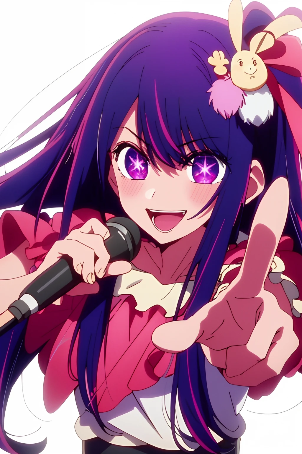 masterpiece、ighly detailed、(1 girl in:1.2)、purple color hair、pink dress、big eye、a closeup、A smile、8K、Ai Hoshino、Live performance venue、
