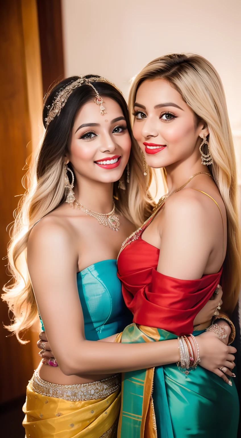 "Elsa Jean and Indian girl in a warm embrace, captured in a candid moment. Elsa Jean is adorned with exquisite jewelry, wearing a stunning Indian traditional saree, complemented perfectly by her striking red lipstick. Meanwhile, Indian girl looks dashing in a stylish punjabi suit. The scene unfolds at a grand wedding event." Full length photo showing full body in photo