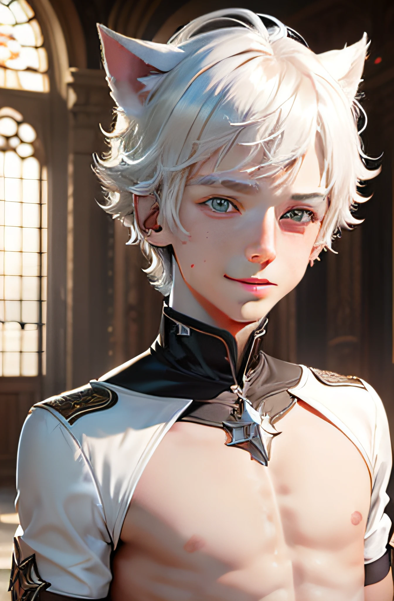 Libido boy, Beautiful Boys, white hair, cat ears, smile, crown, ray tracing, god rays, high detail, ccurate, super detail, textured skin, anatomically correct, UHD, masterpiece, best quality, award winning, 4K