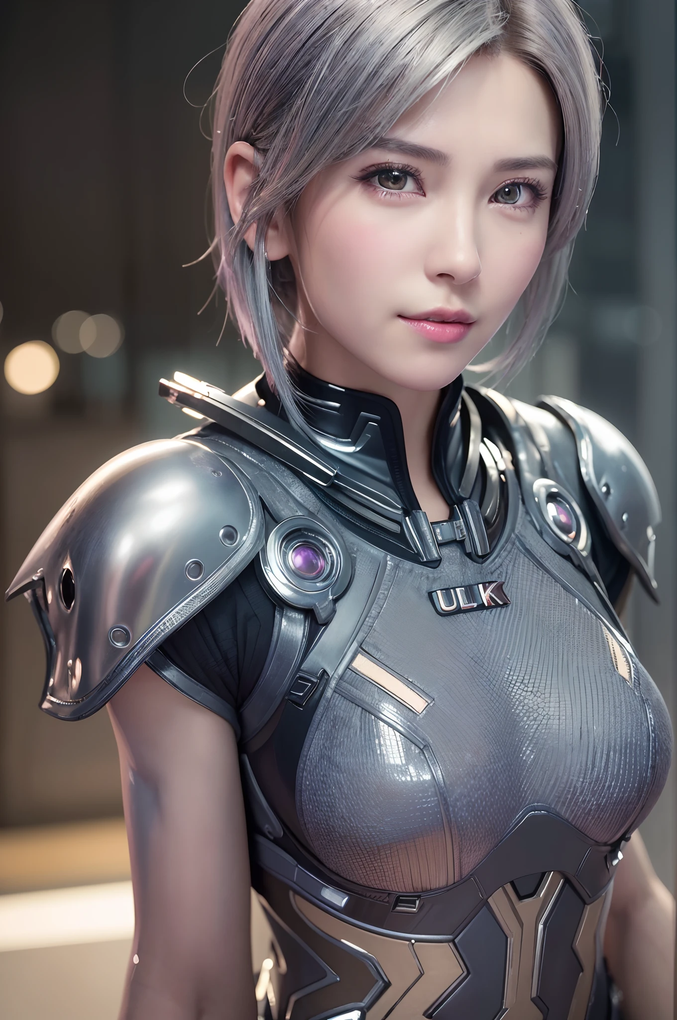 (8k, photorealistic, RAW photo, top quality: 1.4), (1girl), super beautiful, (realistic face), (boyish, silver-colored berry short hair), beautiful cyberpunk suit, glares seducing viewer, beautiful expression, beautiful breasts, (realistic skin), beautiful smile, (soldier), attractive, ultra high resolution, ultra realistic, high definition, spoiled