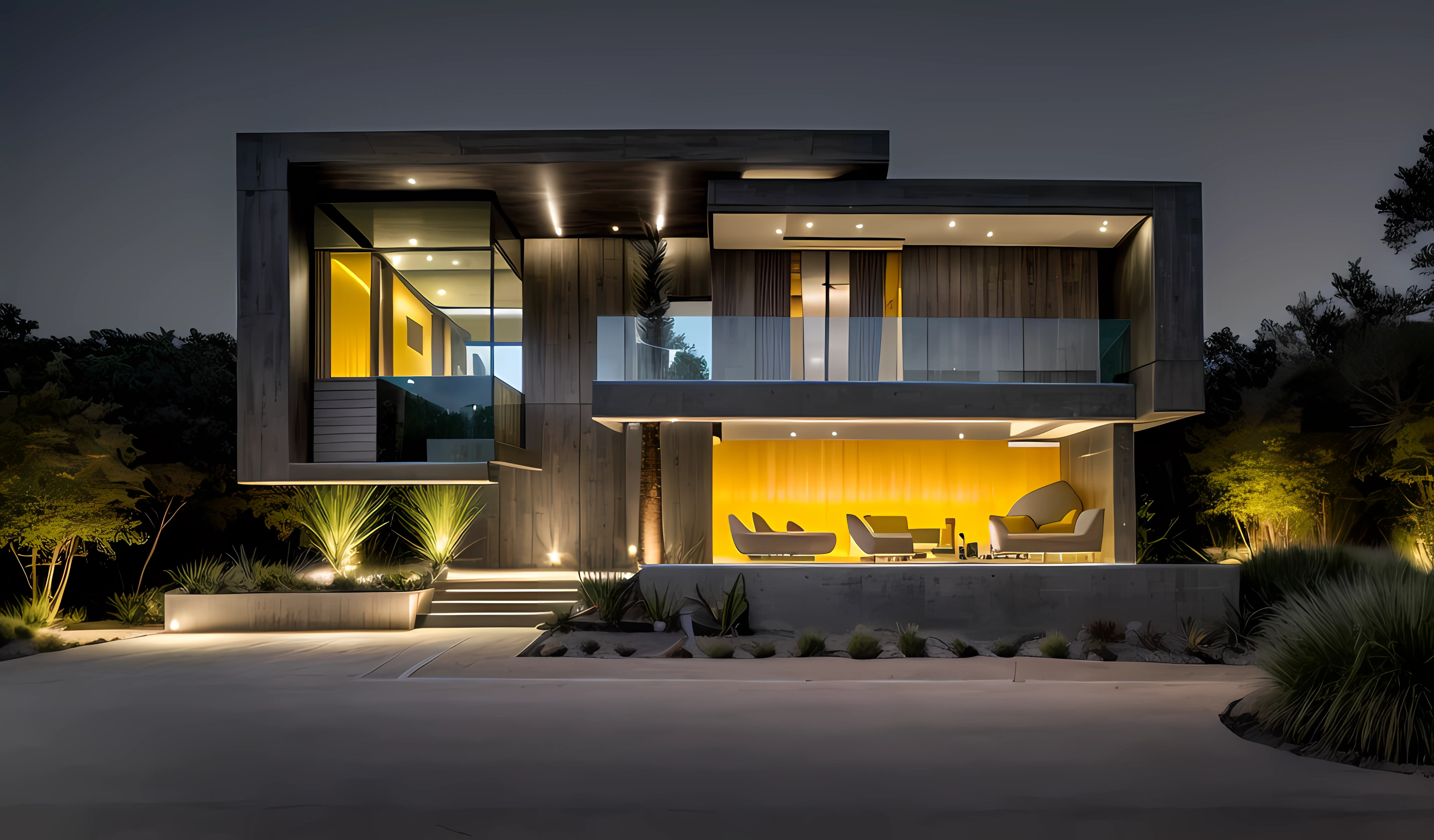 RAW photo, nature, epic futuristic, daylight , raw, hdr,standing on the hill, natural skin, 8k uhd, high quality, film grain, Fujifilm XT3, cinematic, slate grey, dramatic light, architecture, yellow lights, large sliding glass door , palm tree, grass, tropical, garden,street, road, mordenhouse, house, modern, dynamic (RAW photo, real, best quality, masterpiece:1.2), (hyper realistic, photo-realistic:1.2), high quality, (dark lighting:1.2), perfect lighting, archdaily, 32k, super detail, the way to the garage,
