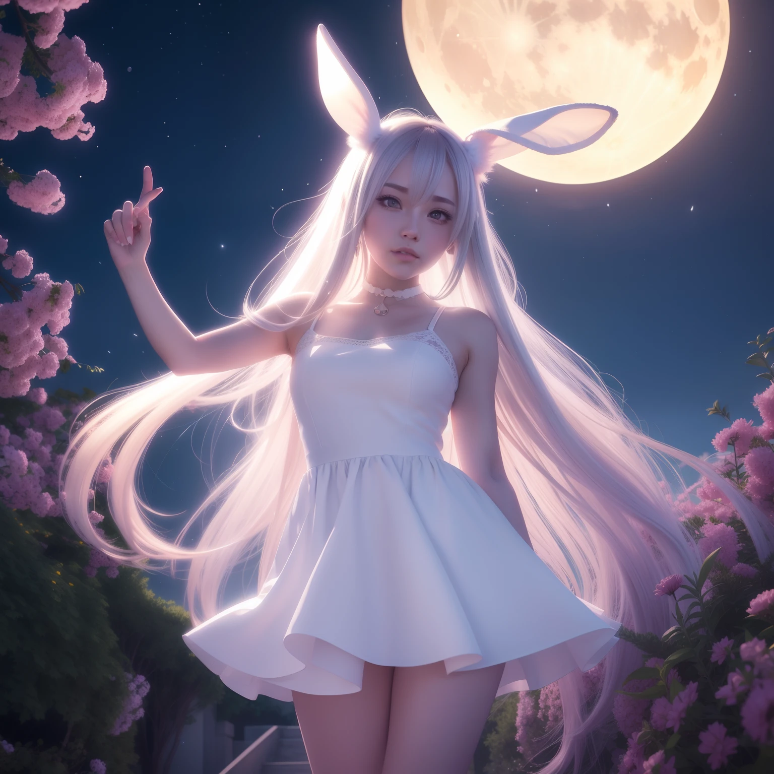 Anime girl with bunny ears and white dress standing in front of full moon, Guviz-style artwork, Ross Tran 8 K, Guweiz on ArtStation Pixiv, Guweiz in Pixiv ArtStation, lovely digital painting, Guviz, Kawasi, style of anime4 K, trending on artstation pixiv, large moon（Take up the entire picture）