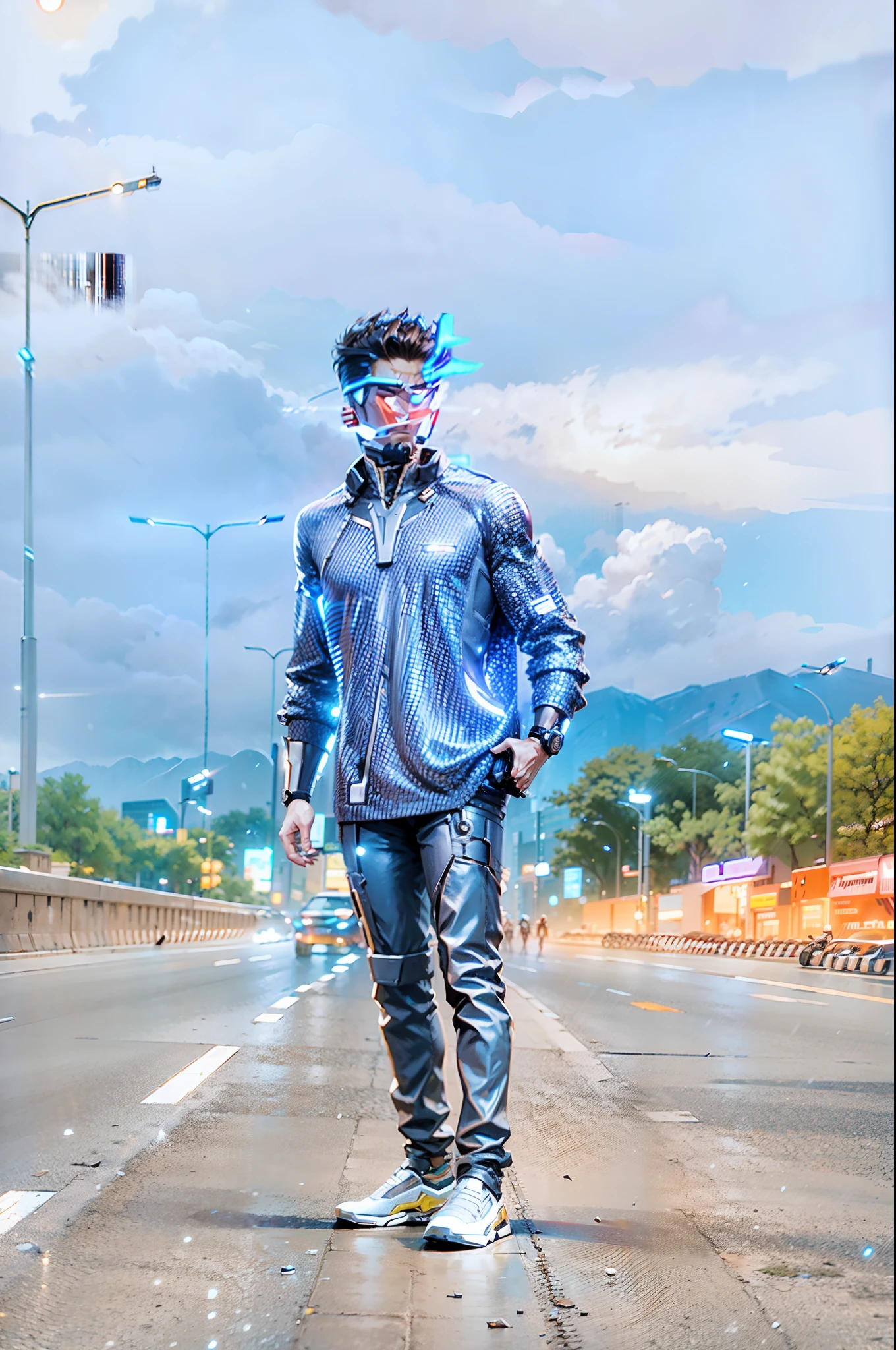 8k, realistic, attractive, highly detailed, a 20-year-old boy, an attractive man inspired by Iron Man using a brilliant Iron Man mechanism. He dresses with sensuality and confidence, perfectly interpreting the strength and charisma of Iron Man. In a cyberpunk-style night scene of the city, a sexy and attractive man is themed after Iron Man cosplay. Wearing a shiny Iron Man mechanism, he stands on a street lined with tall buildings. The city's night lights are bright, reflecting in her short hair, adding a sense of future technology. The surrounding buildings and streets are filled with cyberpunk elements such as neon lights, high-tech devices, and futuristic architectural designs. The whole scene is full of futuristic and sci-fi atmosphere. This high-definition, high-quality image will provide you with stunning visual pleasure, a perfect combination of sensual, futuristic and sci-fi elements. OC rendering, dramatic lighting, award-winning quality, 16:9