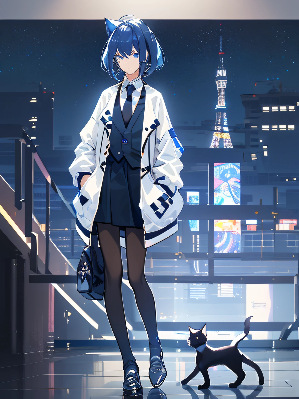 （tmasterpiece：1.2），best qualtiy，realisticlying，
Bustling street，Masterpiece, Best quality:1.2), Solo, 1girll, Expressionless, Closed mouth, view the viewer, Hands in pockets, short detailed hair, Cold eyes, formal,Black coat, Collared shirt, black necktie, Black sweatshirt，White silk dark blue stud earrings dark blue stud earrings standing facing the camera Black autumn sweatshirt wide collar Dark blue eyes Tyndall effect loli one meter five height cute cat decoration throw pillow dark blue hair dark blue stockings white puppet cat white Tokyo city view colored water