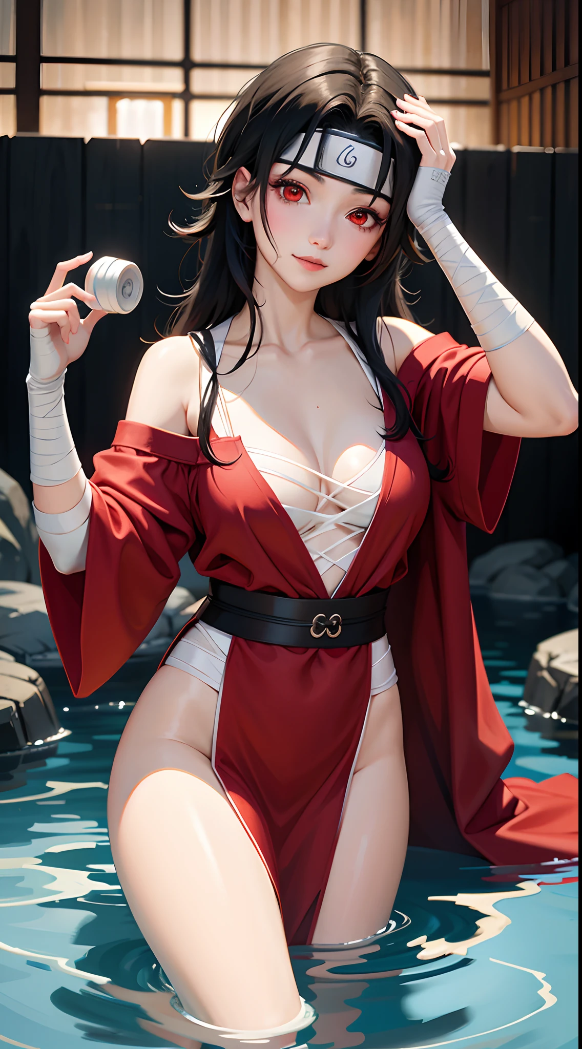 nar_kurenai_yuhi,Forehead protector,Bandages,(Arashi:1.2),Red eyes,,Makeup,Off-the-shoulder attire,ssmile,looks into camera,hot onsen,Half of your body is underwater