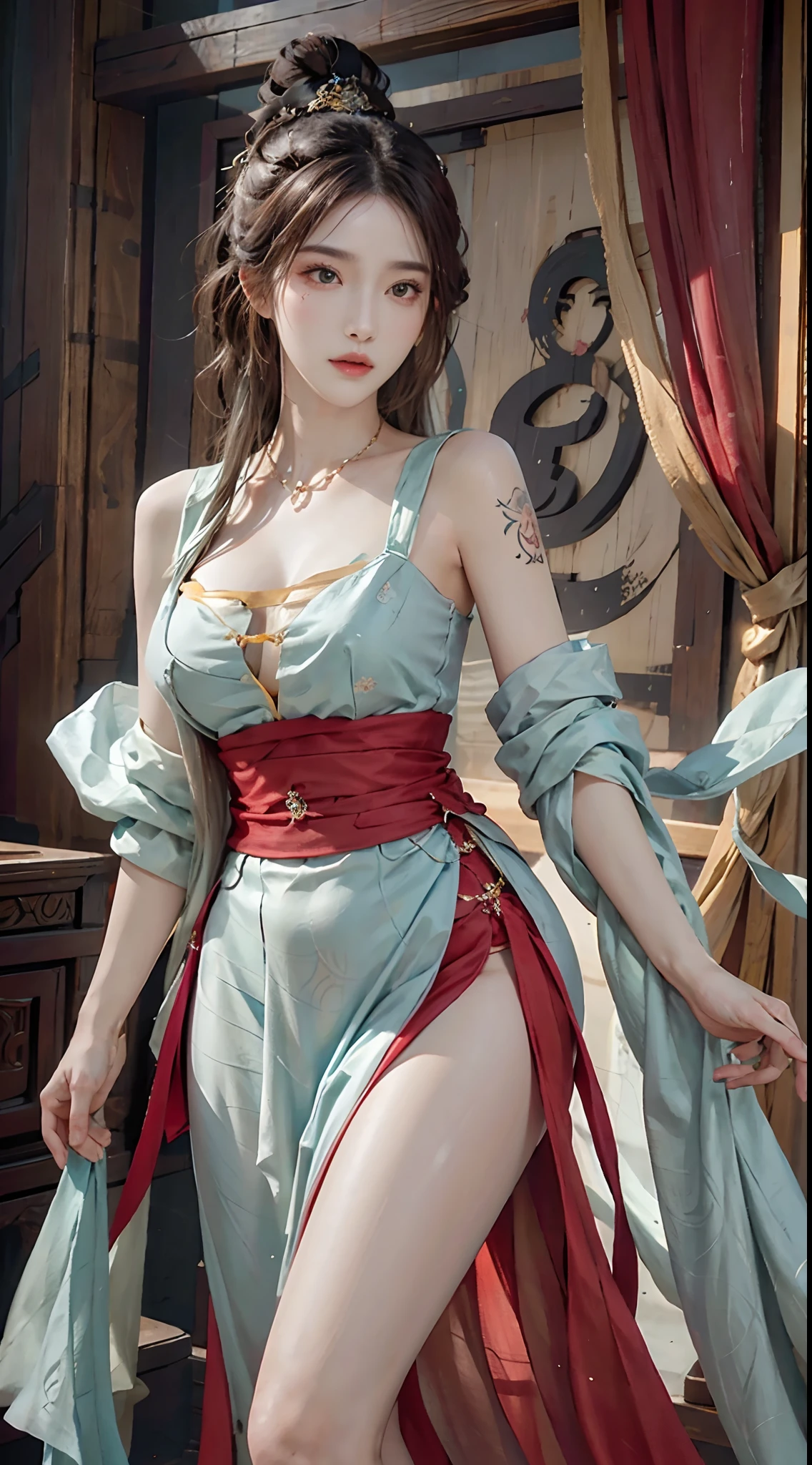 photorealistic, high resolution, 1women, solo, hips up, look at viewer, (detailed face), dunhuang_dress, tattoo, jewelry