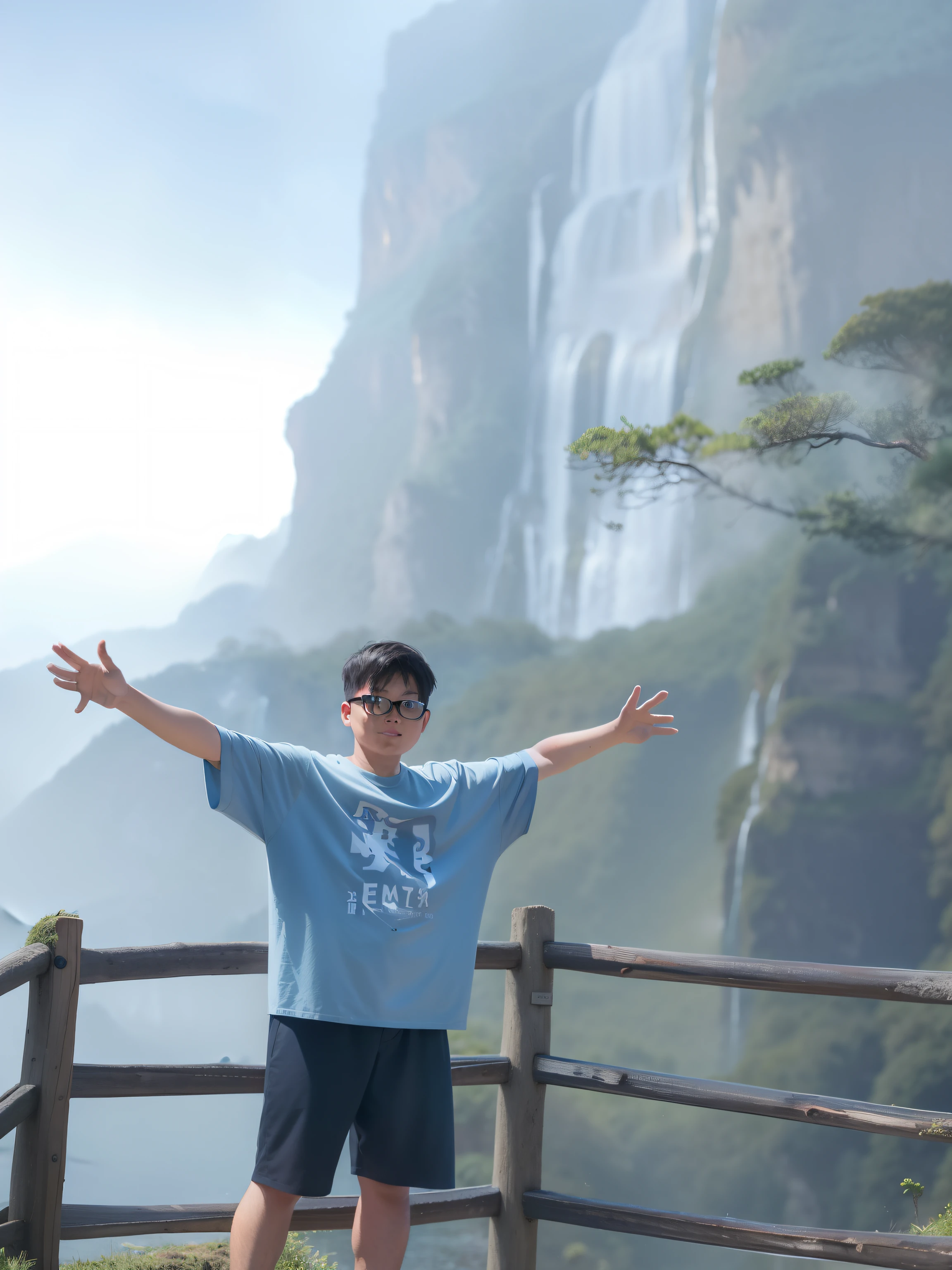 The man stood on the wooden bridge with his arms outstretched, Stand in front of Mt, in front of a forest background, vacation photo, with the mountains in the background, standing close to waterfall, xintong chen, Leng Jun, in a scenic background, standing in front of a waterfall, jinyiwei, moutain in background