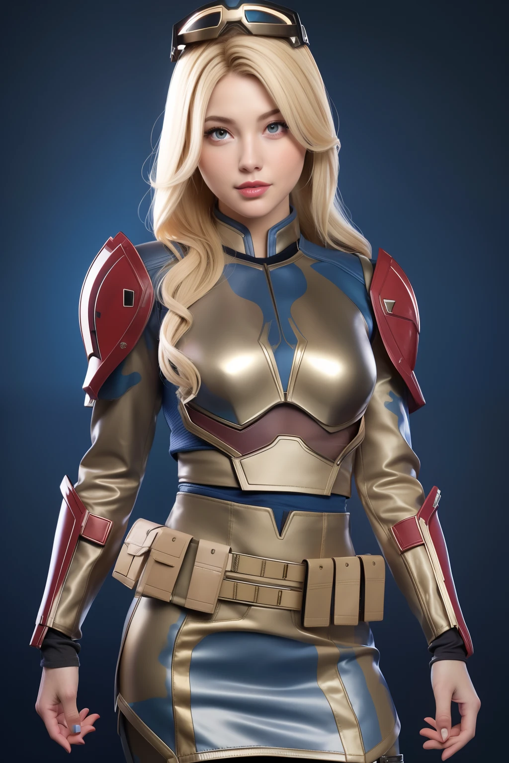 Beautiful Face Woman、a blond、Blue camouflage pattern background、 Beautuful Women、18year old、prety woman、hyper realistic photography、High-definition photos、red lipsticks、Mandalorian style miniskirt suit in metal armor、The skin is not very exposed、Do not cut your head off the screen、Camouflage skirt、Facing the front、