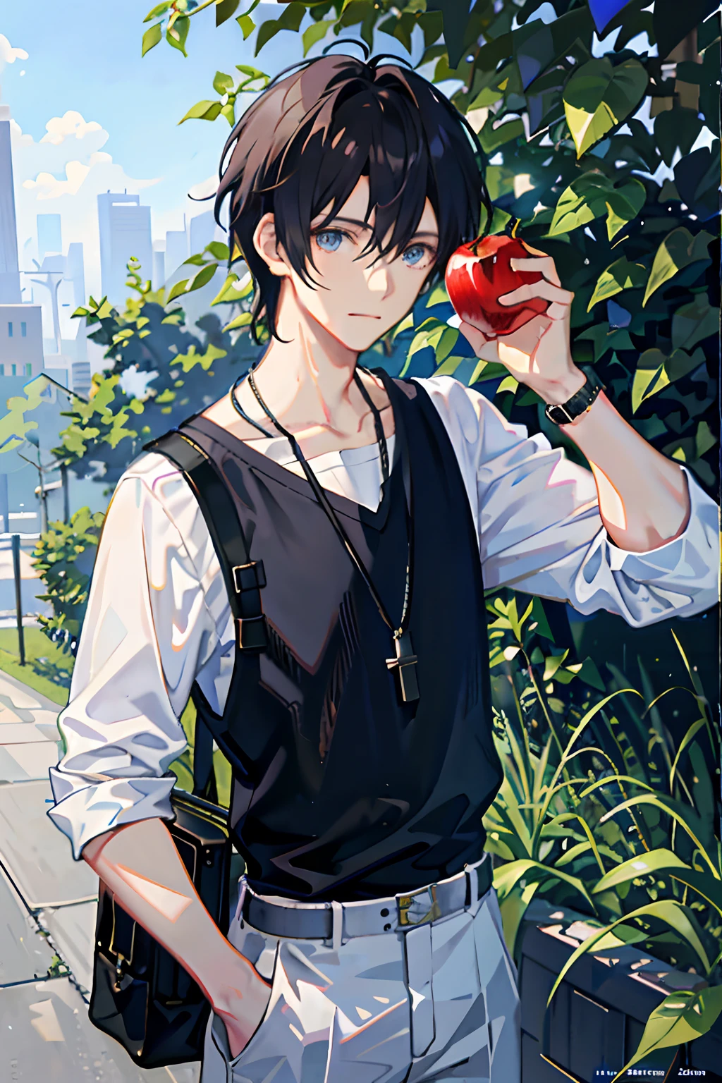 1boy, apple, bag, bangs, berry, black hair, black shirt, blue eyes, hair between eyes, jewelry, leaf, looking at viewer, male focus, necklace, pants, shirt, solo, watch, white pants, wristwatch, messy hair, trending on artstation, 8k resolution, highly detailed, anatomically correct, sharp image, digital painting, concept art, trending on pixiv, style of makoto shinkai,