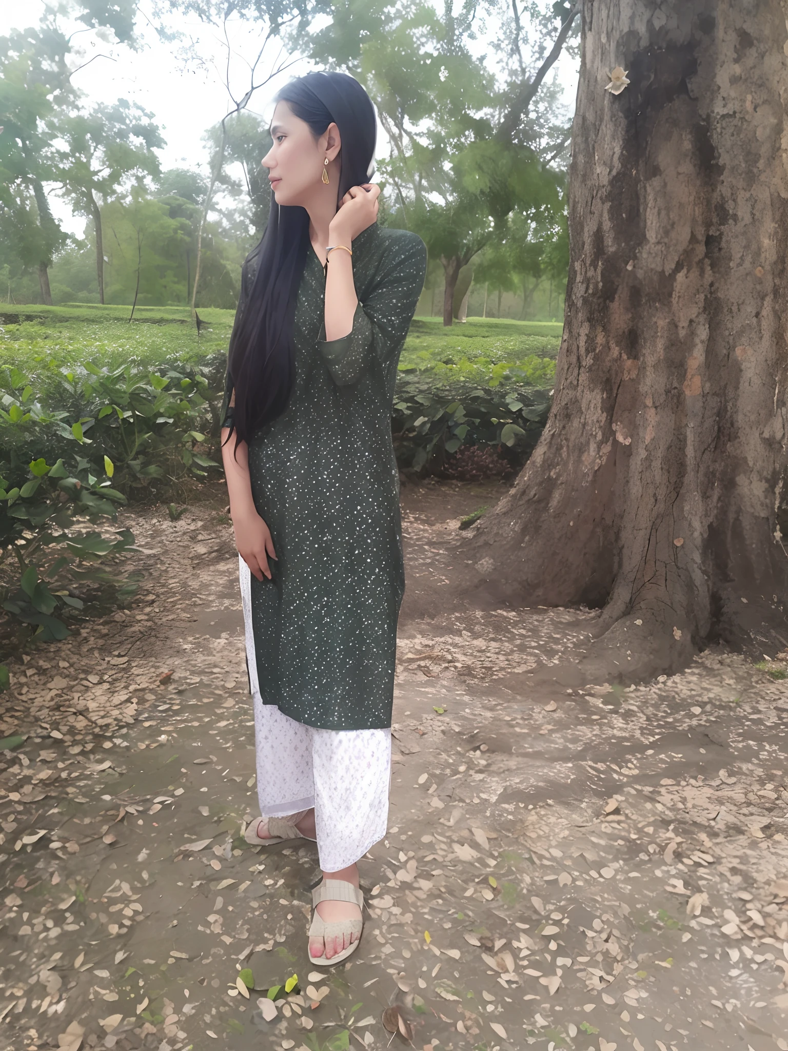there is a woman standing in front of a tree talking on a cell phone, assamese aesthetic, wearing a kurta, wearing a silk kurta, wearing an elegant tribal outfit, green tunic, inspired by Puru, distant full body view, assamese, * colour splash *, desi, indian style, traditional beauty, standing gracefully upon a lotus